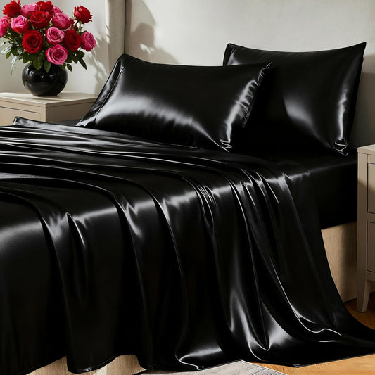 CozyLux Satin Sheets Queen Size Bed Set - 4 Piece Silky Queen Sheet Set, Luxury Black Queen Sheets with Smooth and Soft Microfiber, Includes 1 Fitted Sheet, 1 Flat Sheet and 2 Pillowcases