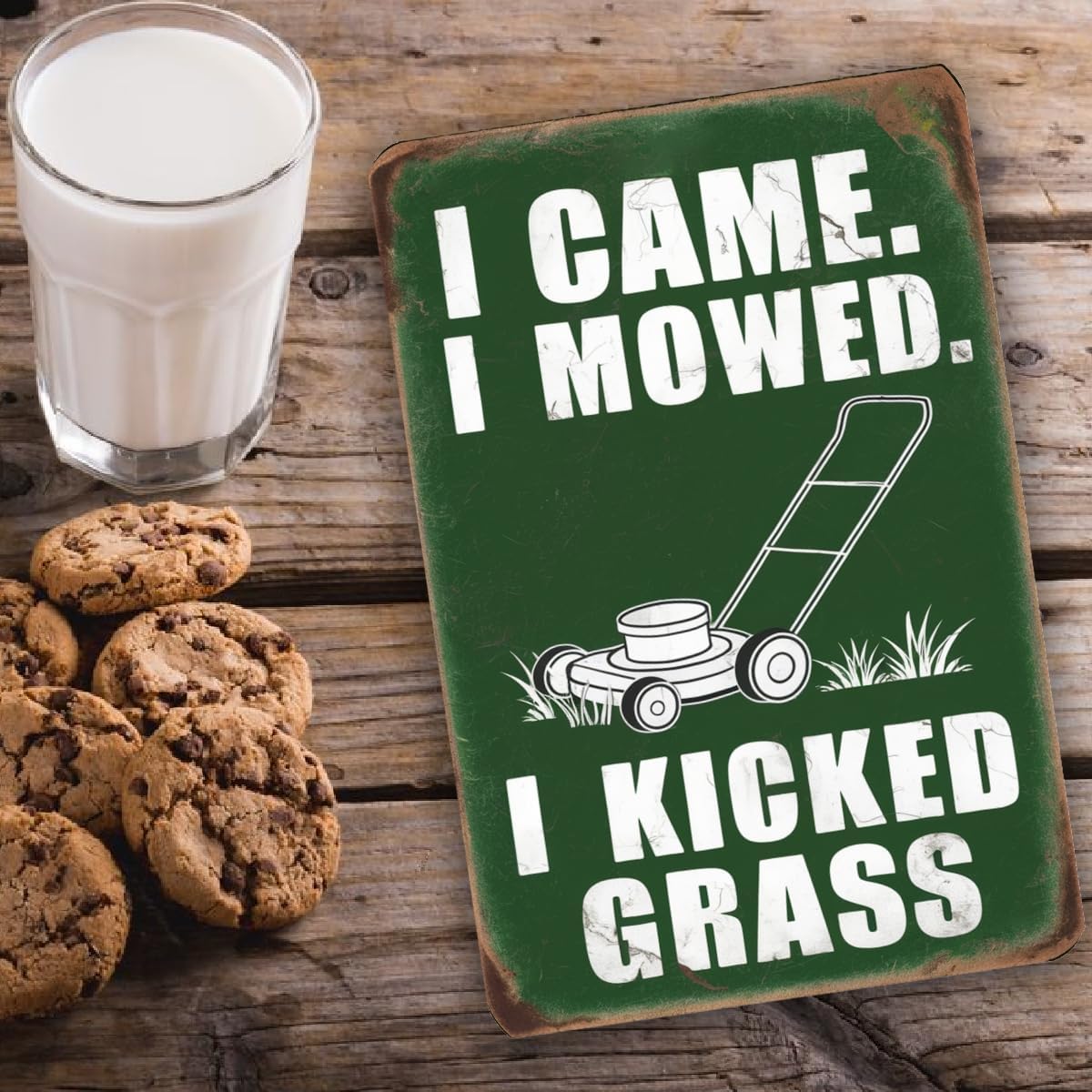 Funny Lawn Mowing Sign – "I Came. I Mowed. I Kicked Grass." – Vintage Green Yardwork Humor Decor For Garage, Shed, Or Lawn Care Enthusiasts 8x12