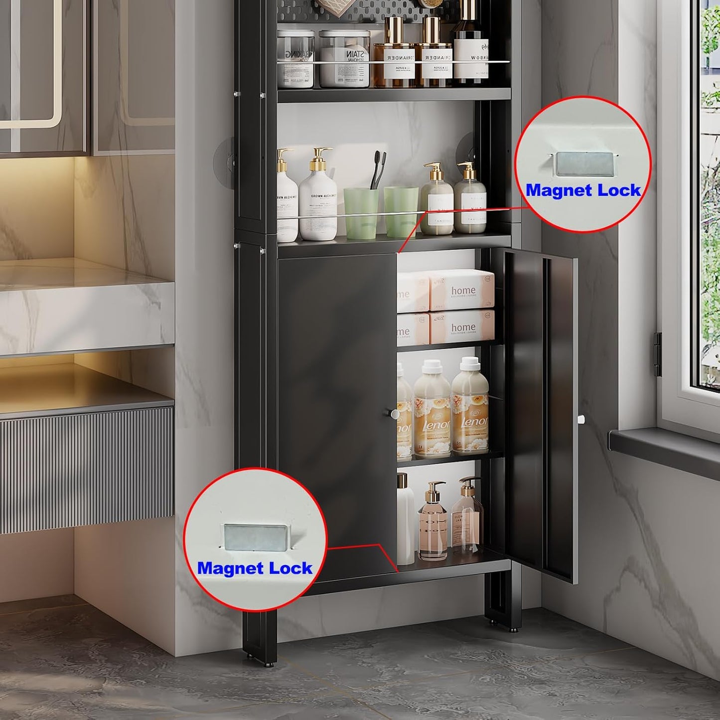 ABCOOL Behind Door Organizer Cabinet Shelf Rack, 2 Pegboard Panels for Garage and Garden Tool Storage, Tall Floor Standing Metal Organizers