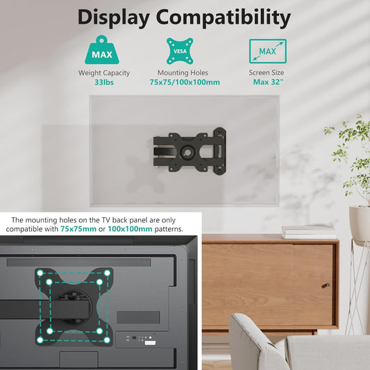 WALI TV Wall Mount Articulating LCD Monitor Full Motion 15 inch Extension Arm Tilt Swivel for Most 13 to 32 inch LED TV Flat Panel Screen with Mounting Holes up to 100x100mm (1330LM), Black