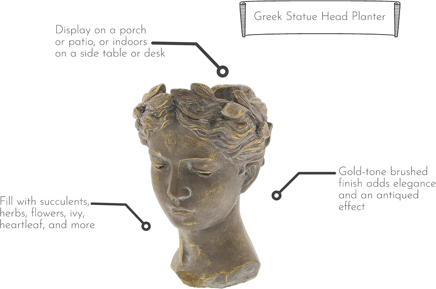 Greek/Roman Style Female Statue Head Cement Planter - Unique Planter Pot for Indoor Outdoor Home Garden Decor (10.5")
