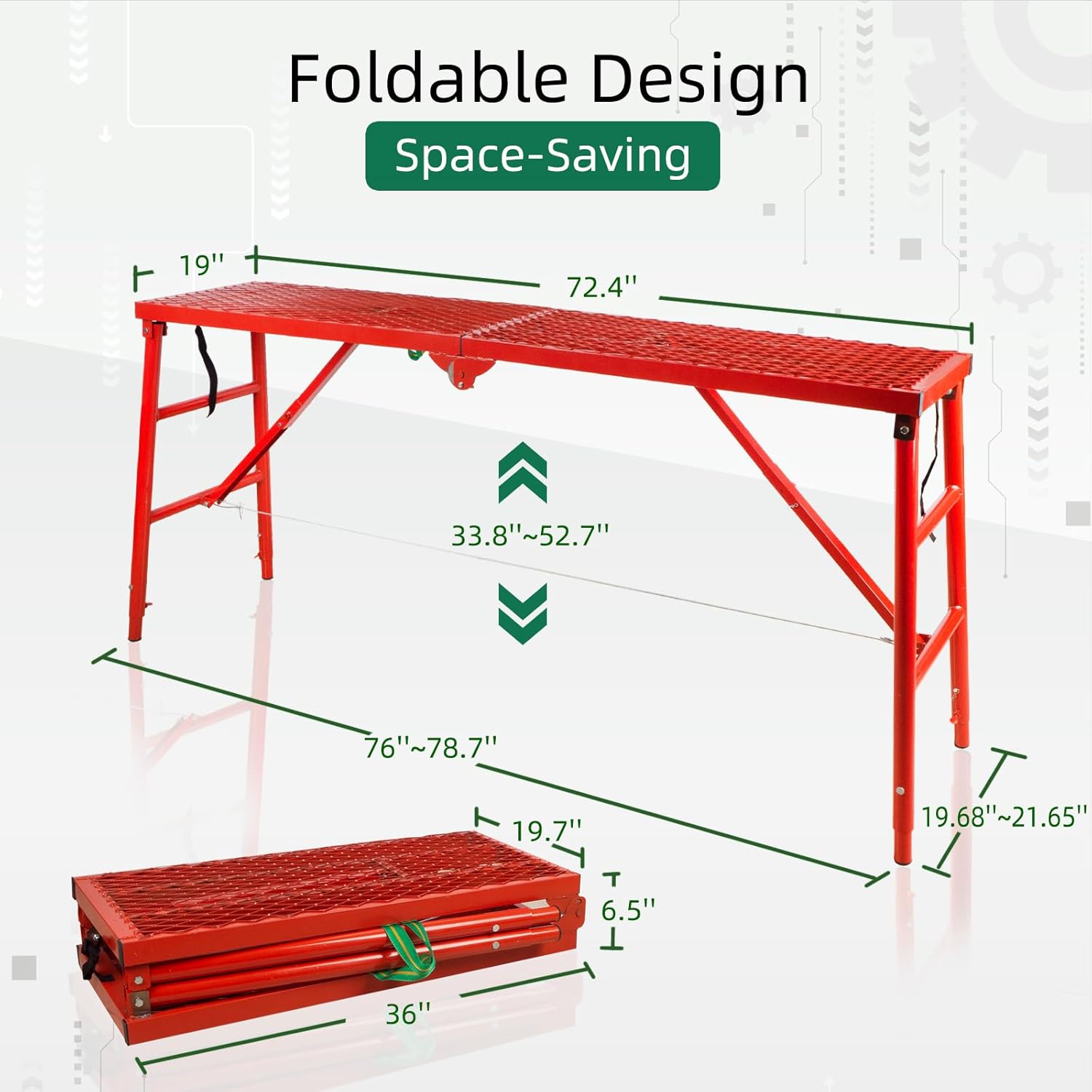 Folding Scaffolding Platform, 71(L) x15.7(W) x51(H)''770 Lbs, Adjustab