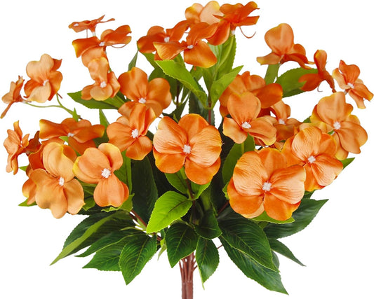 2 Pcs Artificial Impatiens Flowers for Outdoors Silk Flowers Bushes Greenery Bouquet Orange Faux Impatiens for Outdoor Planters Patio Lawn Garden Pot Hanging Basket Porch Home Fall Decoration