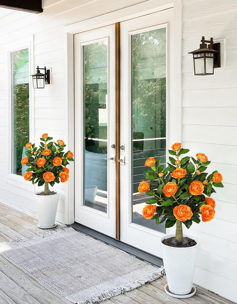 33" Artificial Camellia Tree with Ground Spike, Faux Bushes Plants with Fake Flowers, 2 Pack Realistic Blooming Shrubs for Front Porch Pots, Patio Yard Landscape, Outdoor Garden Walkway Decor, Orange