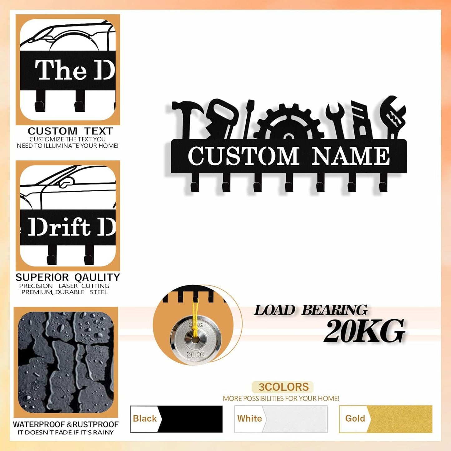 Personalized Tools Key Holder Wall Mount, Custom Metal Keys Hanger for Wall with Name, Custom Key Rack Holder with Hooks for Home, Entryway, Front Door, Living Room, Kitchen, Bathroom, Garden