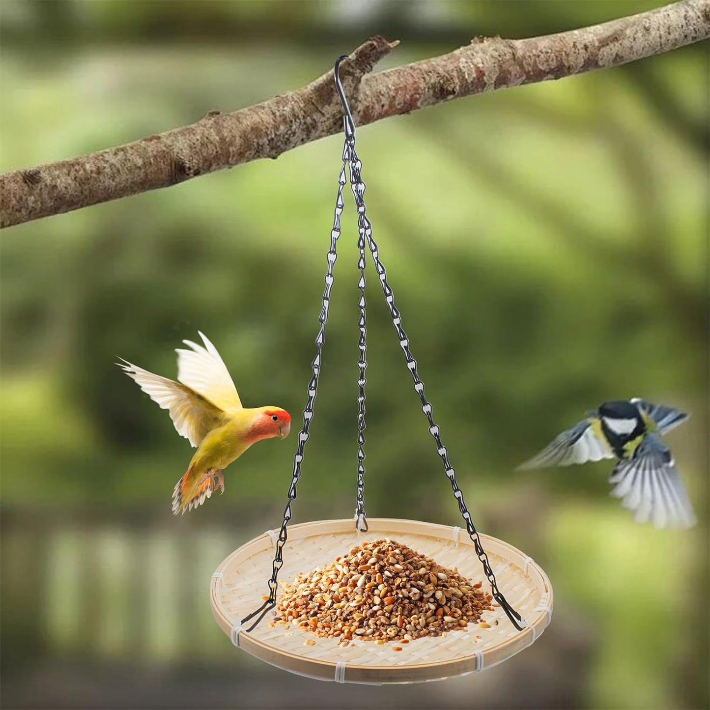Hanging Bird Feeder Tray, 10 Inch Bamboo Mesh Platform Feeders Wild Bird Feeding Station for Backyard Garden Attracting Wild Birds