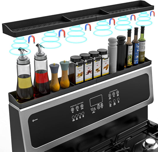 Magnetic Stove Top Shelf 30 Inch - Heat Resistant Silicone Over the Stove Shelf Spice Rack Organizer - 3 Functional Partitions Kitchen Organization and Storage for Spices, Oils & Gadgets (Black)