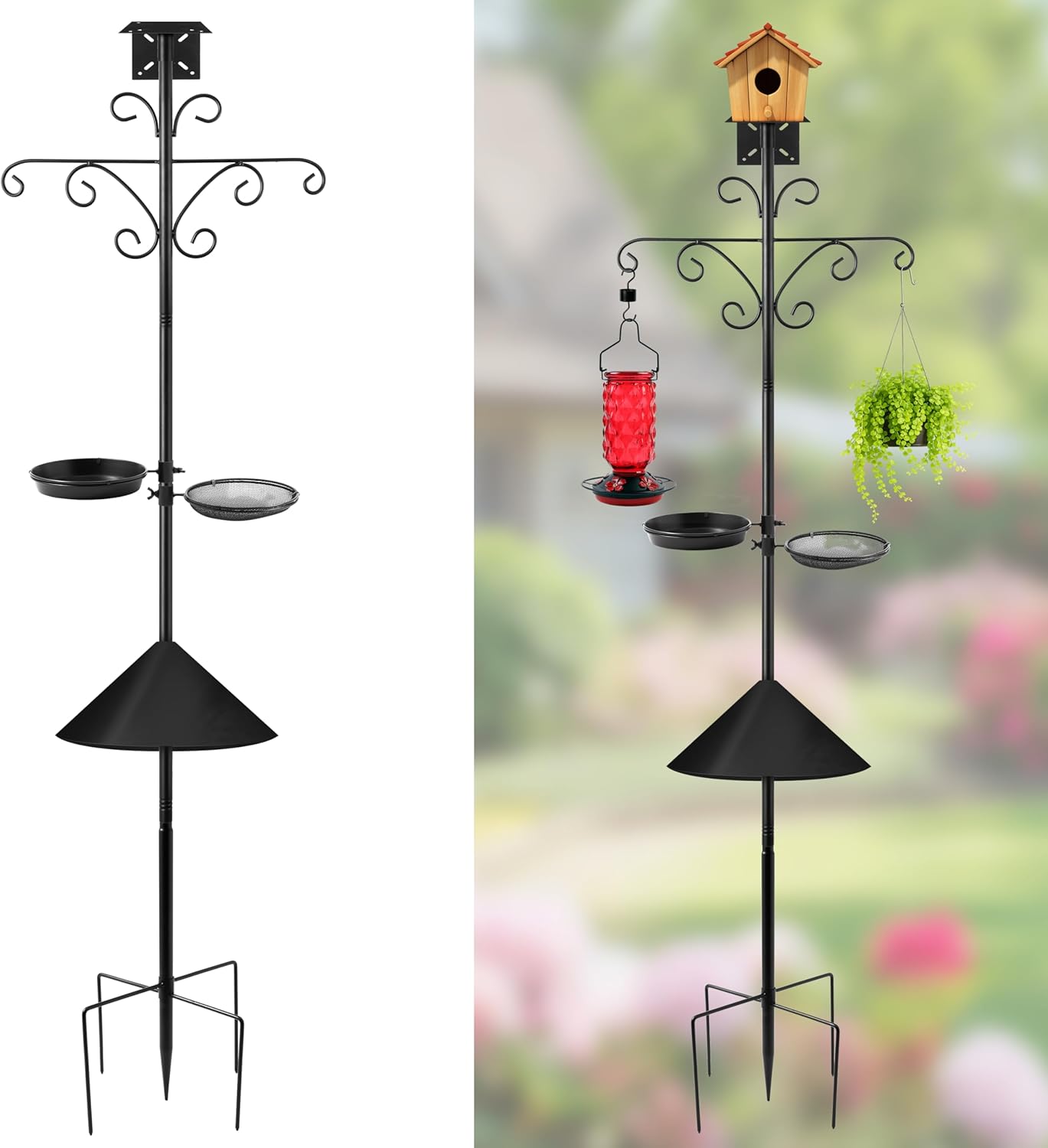 Bird Feeder Pole Stand - 92 Inch Bird Feeding Station for Outdoor Outside, Heavy Duty Adjustable Birdhouse Pole Standing with Base Kit, Includes 4 Hook Water Basin Tray for Garden Yard