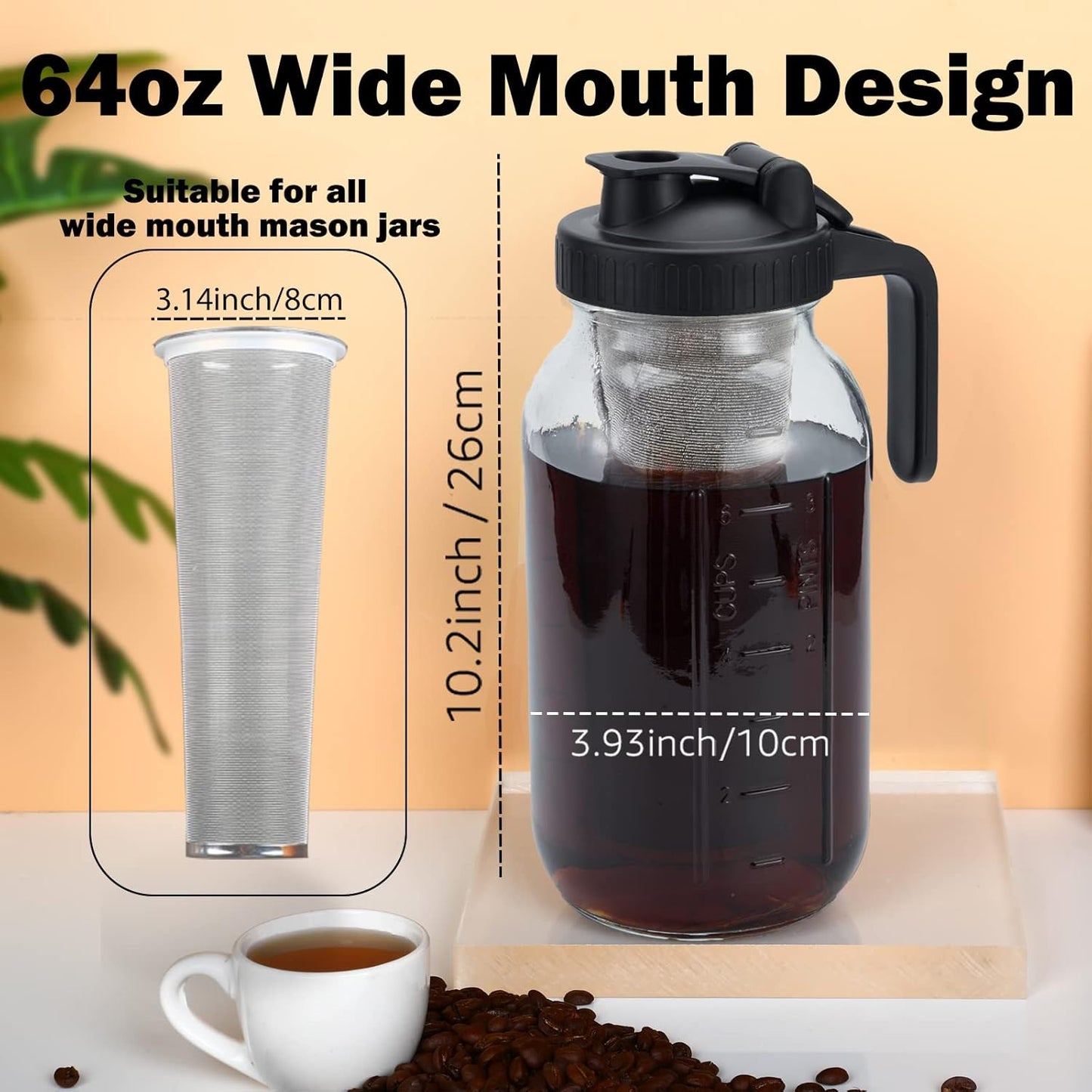 Cold Brew Mason Coffee Maker - 64oz Iced Coffee Pitcher with Stainless