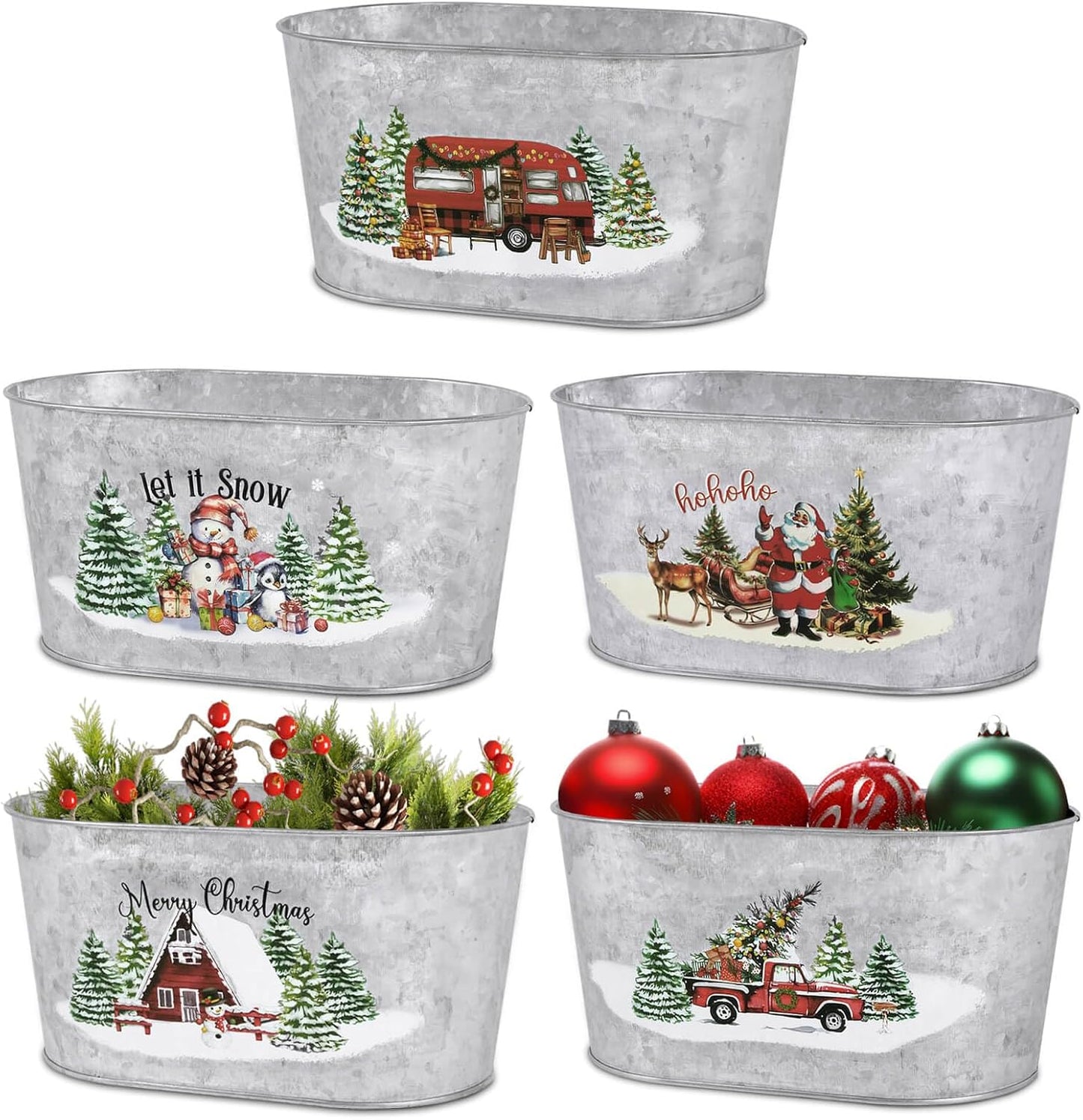 Putuo Decor Christmas Metal Buckets, 5 Pieces Christmas Tin Pots Small Christmas Decorations Oval Pots, Galvanized Beverage Tubs Small Pails for Party Home Table Centerpieces Storage Decor 9in