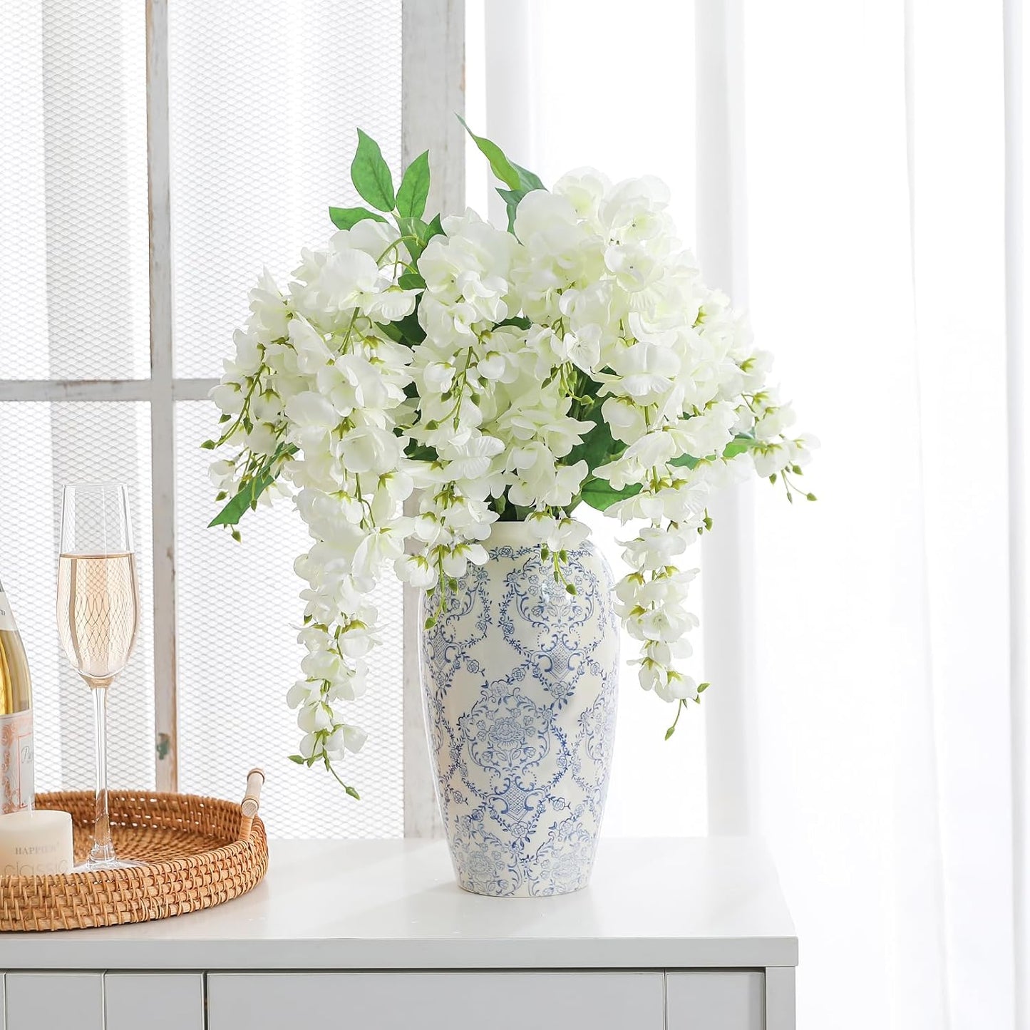 Wisteria Hanging Flowers, Spring Fake Flower for Vase, 2Pcs Silk Wisteria UV & Fading Resistant Faux Plant for Wedding Arch Backdrop Outdoor Patio Garden Decoration Centerpiece Table (White)