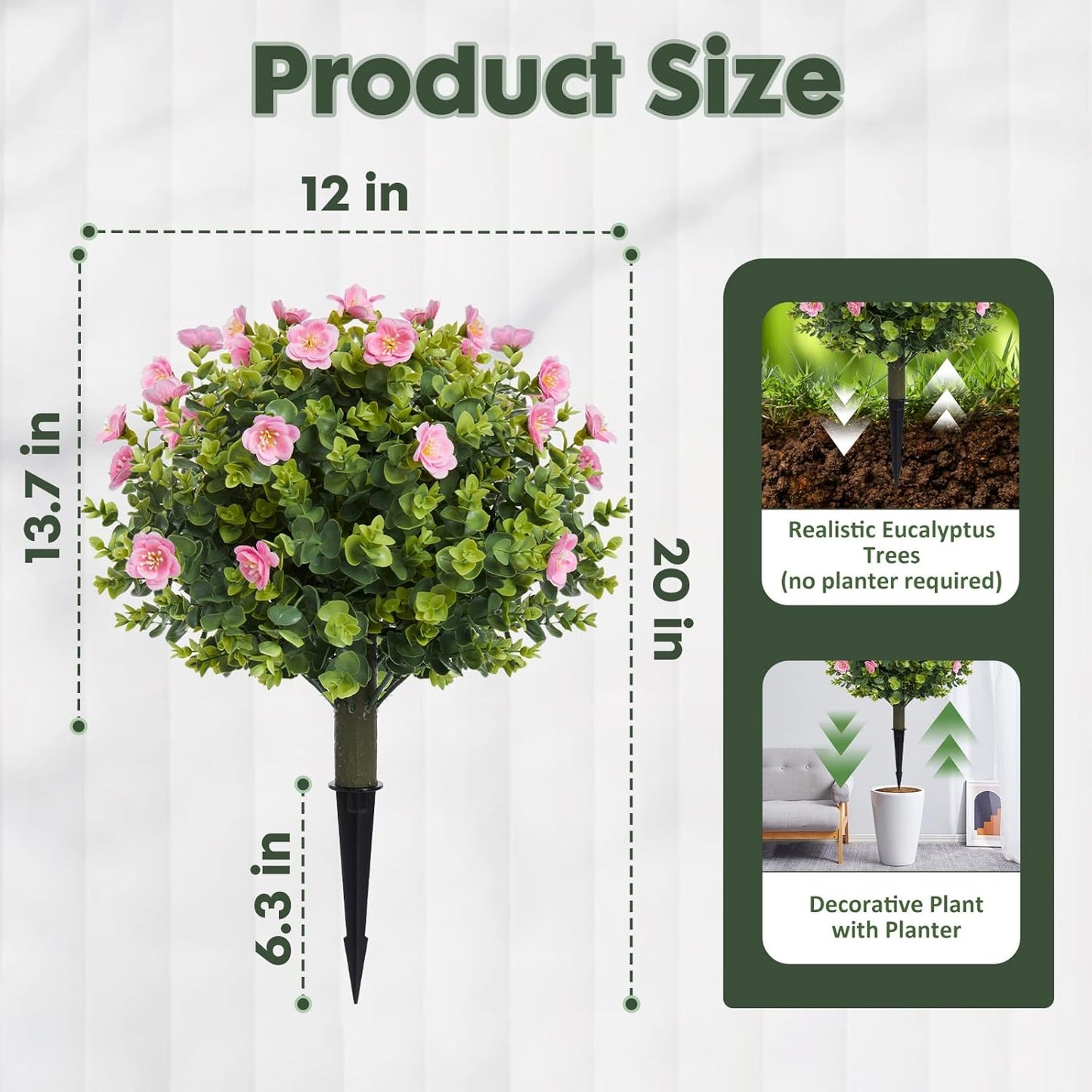 Set of 2 Artificial Pink Camellia Eucalyptus Tree Garden Stakes 20" Height, UV Resistant Faux Floral Bushes with Metal Spikes, Realistic Fake Plants for Porch, Patio, Yard, Garden Outdoor Decor