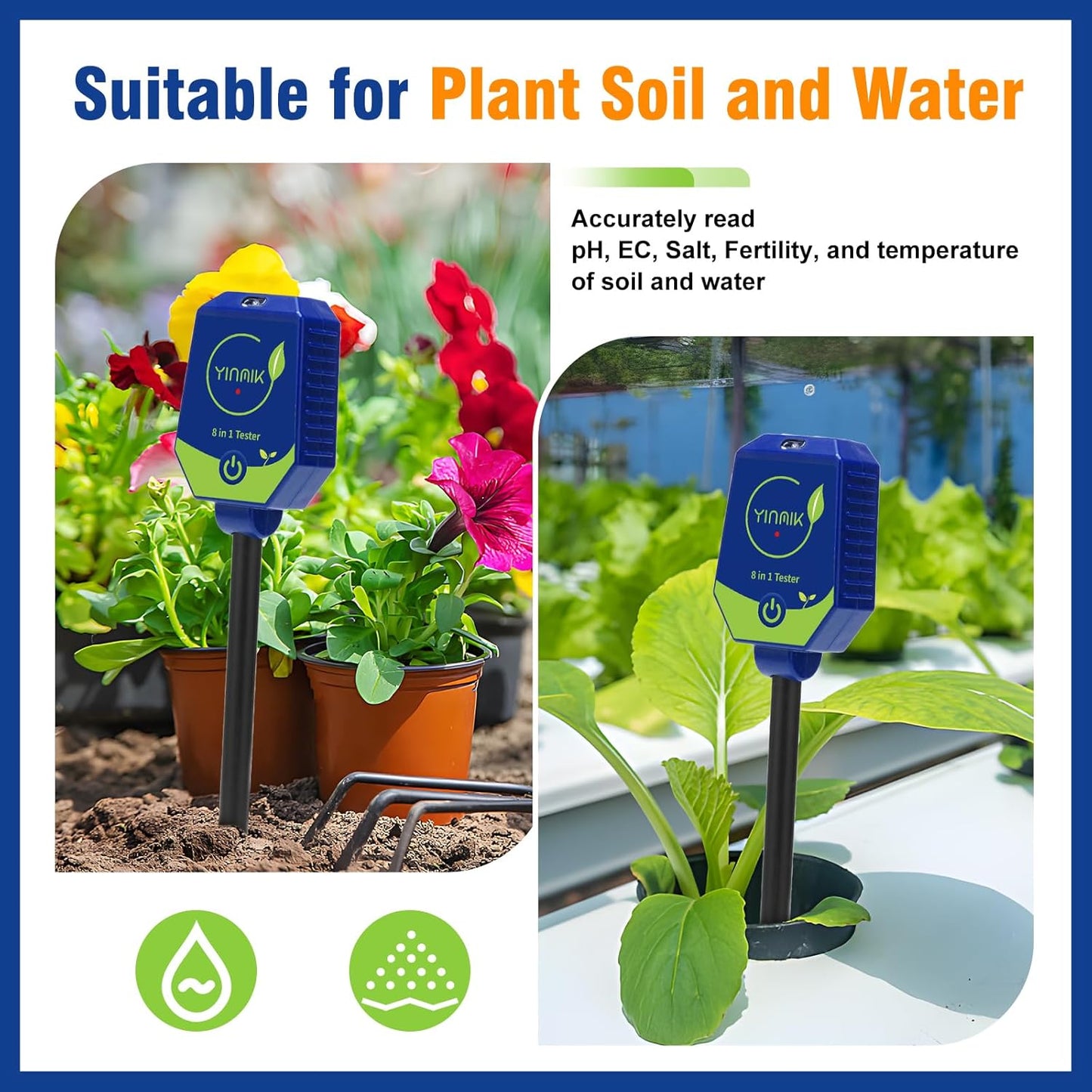 YINMIK Soil Test Kits, pH Moisture Meter for Plant, Smart Soil pH Tester, Digital Soil pH Meter, 8 in 1 Soil Meter - pH Moisture EC Fertility Salt Light Air Humidity Temp Meter for Outdoor, Garden