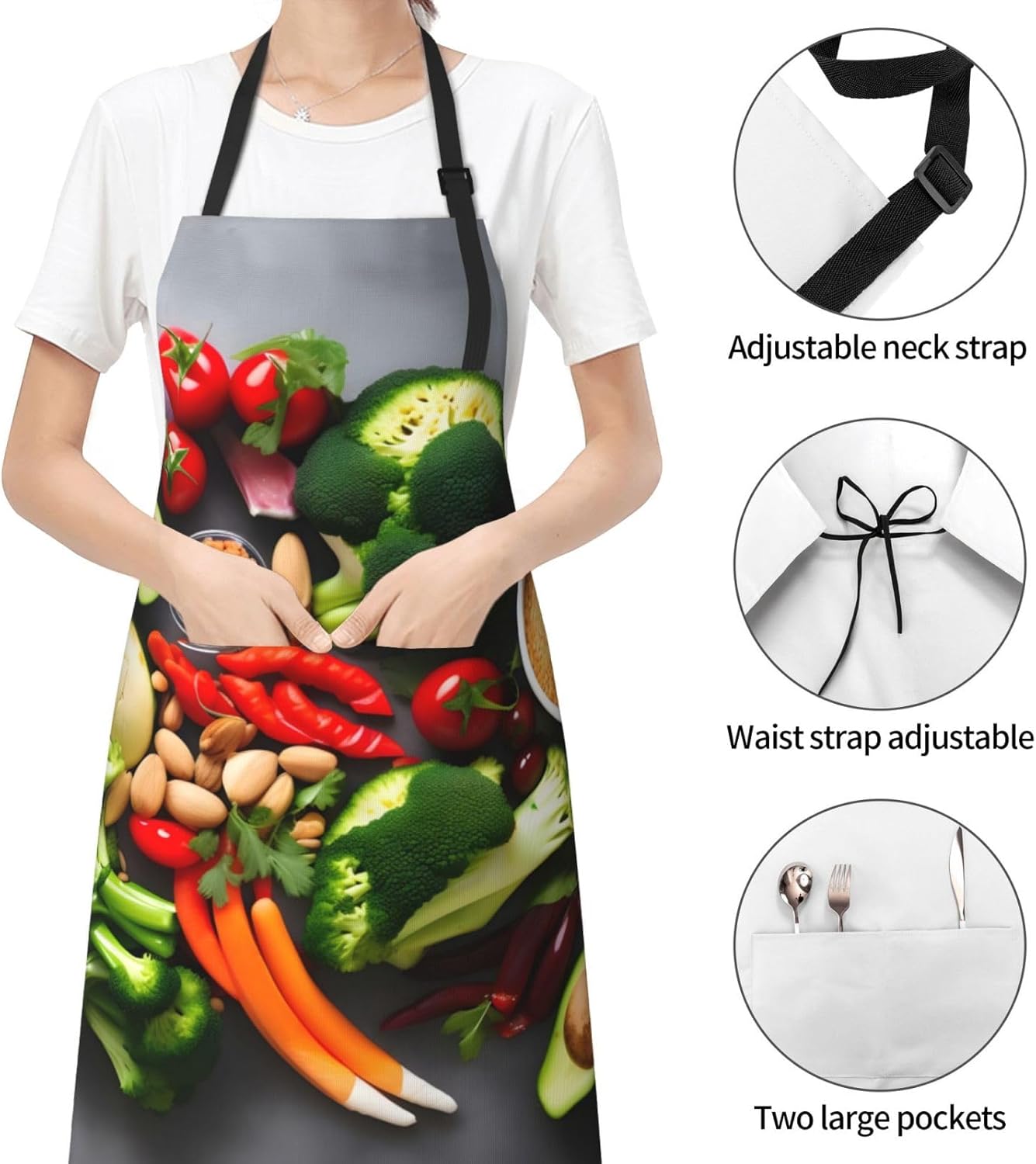 Healthy Food Print 28x33 In Adult Kitchen Apron with Pockets Versatile Chef Smock for Cooking Baking