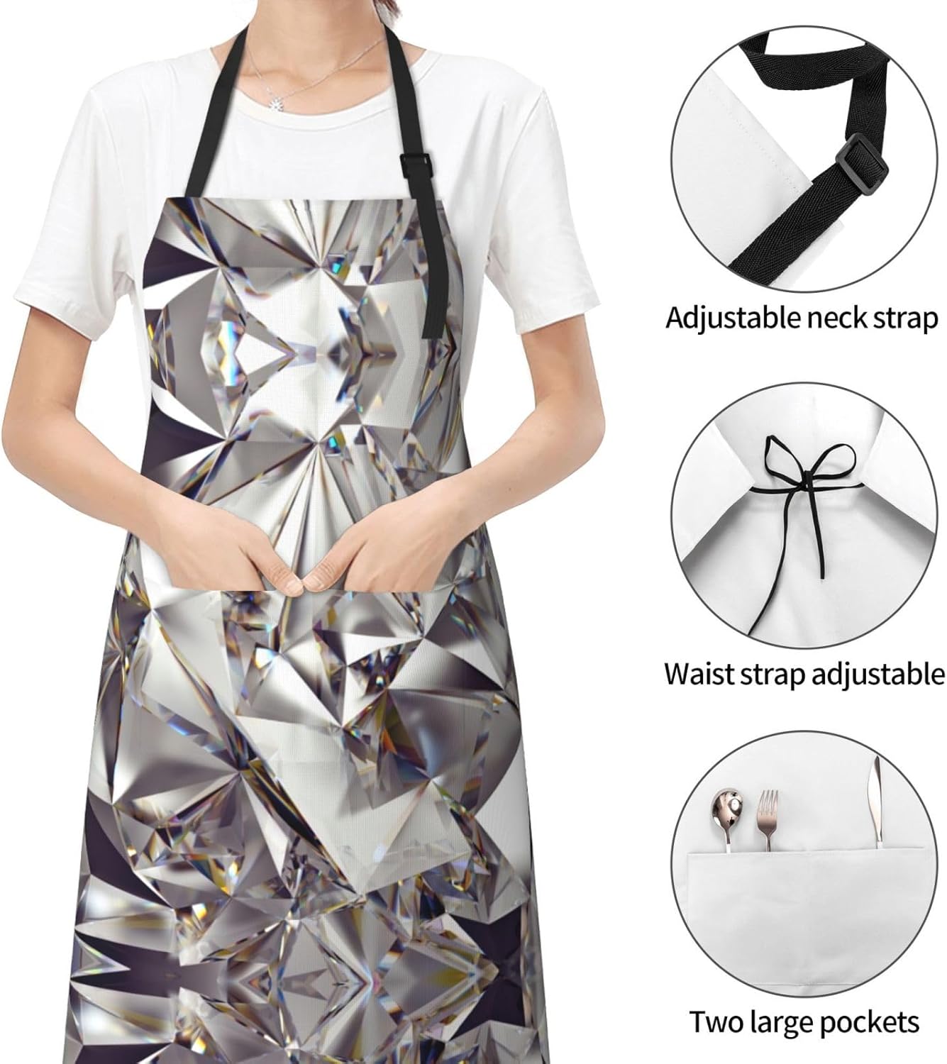 Glitter Abstract Diamond Crystal Pattern Print 28x33 In Adult Kitchen Apron with Pockets Versatile Chef Smock for Cooking Baking