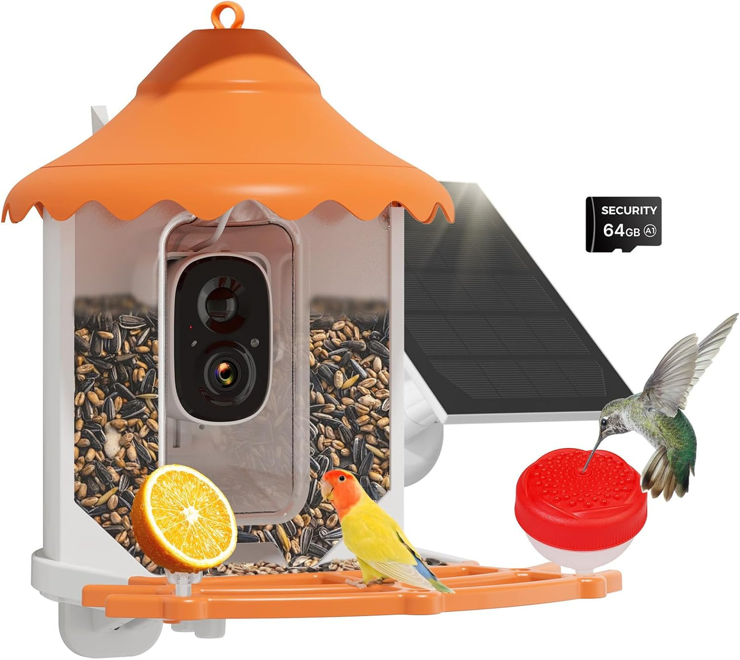 Hiseeu 3MP Feeder with Camera, 2.5L, AI Identify 11000+ Species, Solar Powered, Auto Capture Bird Videos & Motion Detection, Smart Bird Watching Camera Wireless Outdoor (Orange-64G)