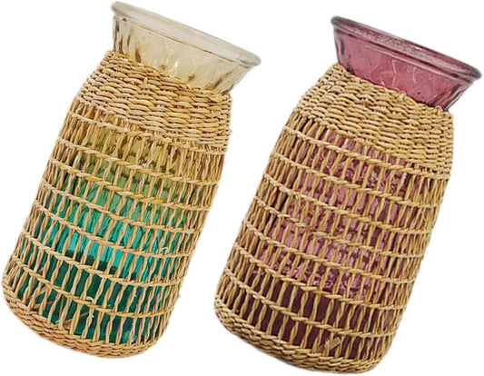 BESTOYARD 2pcs Rattan Woven Glass Flower Vase Set, Wide Mouth Desktop Vase, Decorative Planter Pot for Home and Office Décor, Blue and Burgundy Color, Boho Style