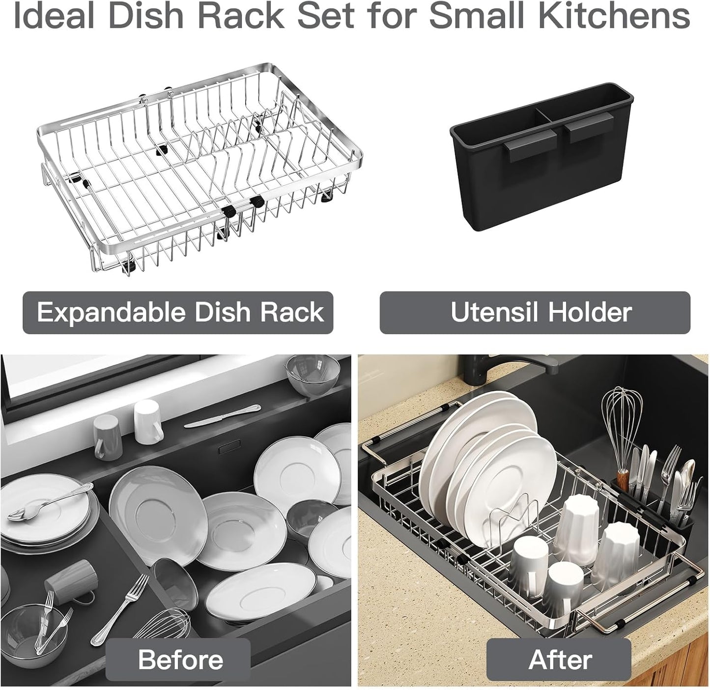 MAJALiS Expandable Stainless Steel Over The Sink Dish Drying Rack for Small Kitchen, Counter Space Saving, Hanging Compact RV Plate Drain Strainer in Silver Wire Metal with Adjustable Utensil Holder