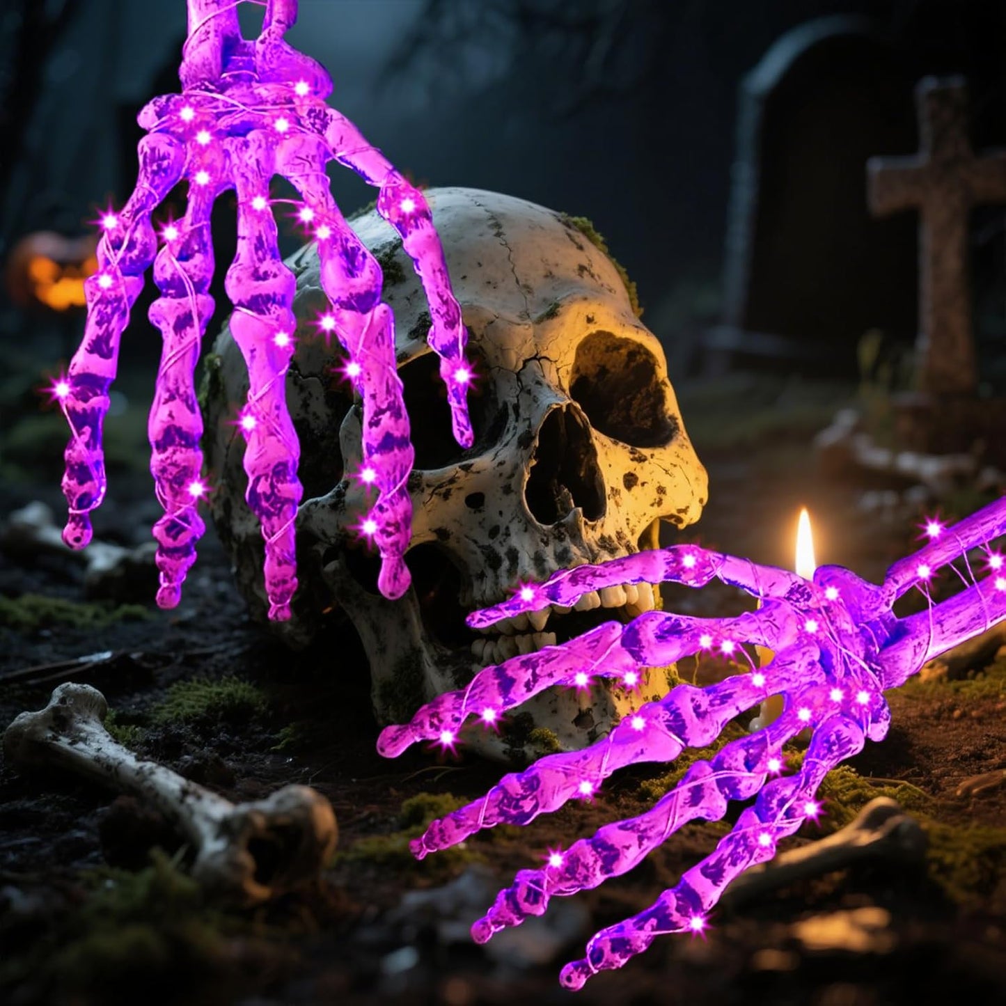 Halloween Solar Skeleton Arm Stakes with 100 Purple LED Lights, Scary LED Bone Hands with 8 Lighting Modes for Pathway Garden Outdoor Decorations