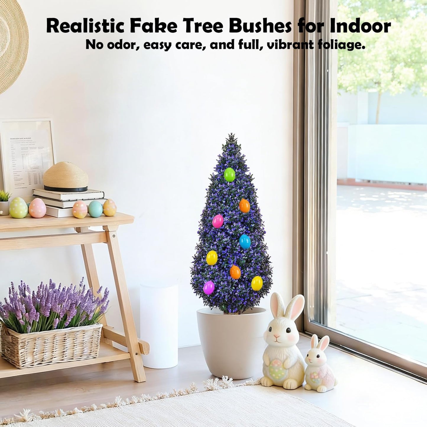 Outdoor Easter Artificial Lavender Topiaries Trees, 3 FT Tall Set 2 Fake Plants Boxwood with Planter, Spikes, Eggs, UV Resistant Faux Evergreen for Indoor Home Porch Office Spring Decor