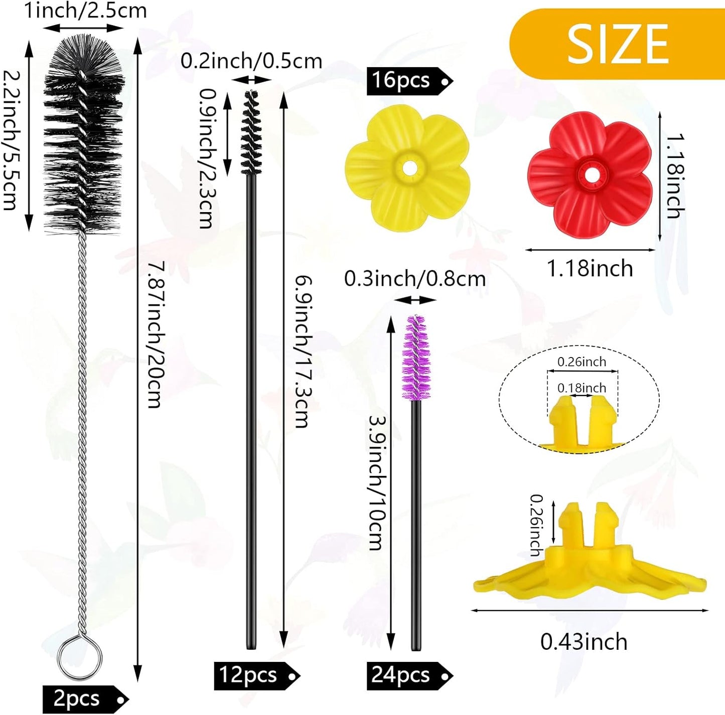 38 Pcs 3 Size Hummingbird Feeder Cleaning Brush Mini Nylon Tube Brush with 16 Flowers Bird Replacement Parts Double Headed Brushes for Bottle Feeding Holes Replacement(Black)