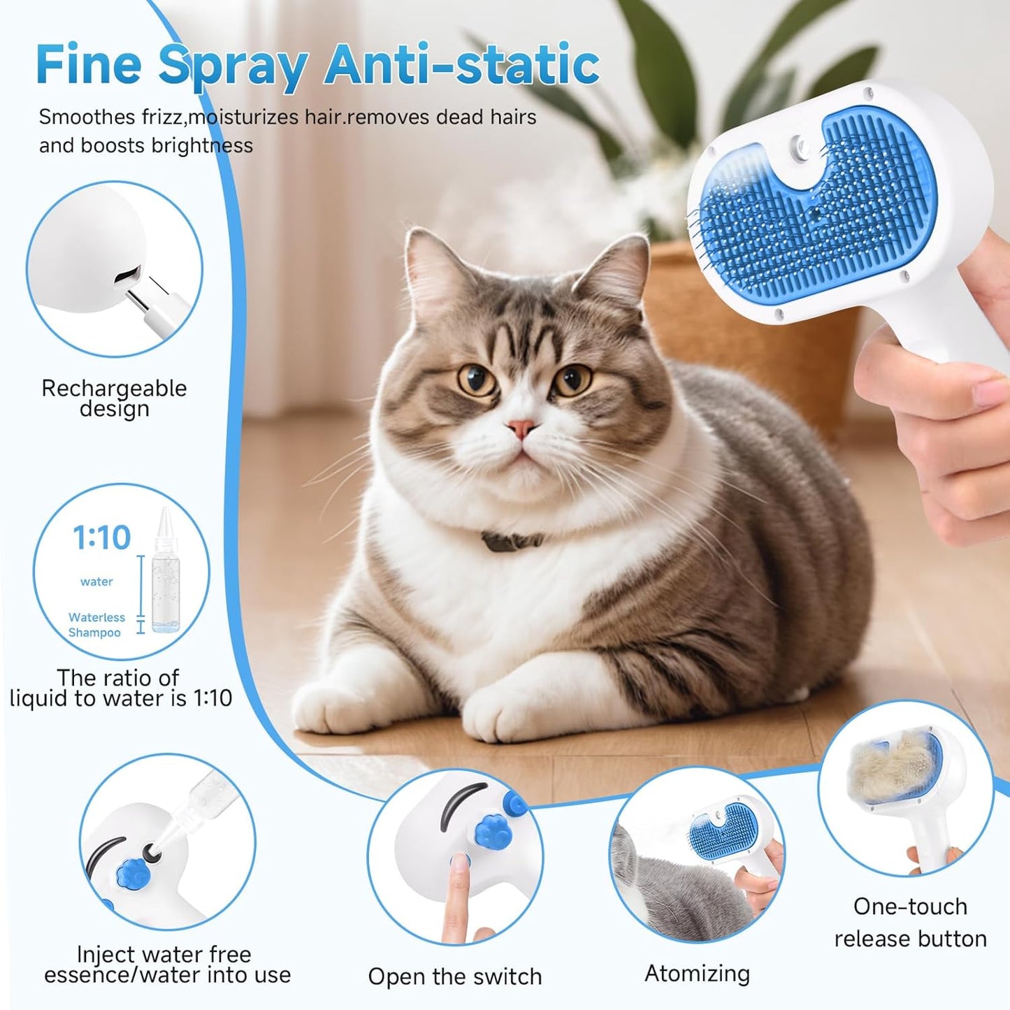 Pet Steam Brush for Dog & Cat - 3-in-1 Steam Grooming Brush for Sheddi