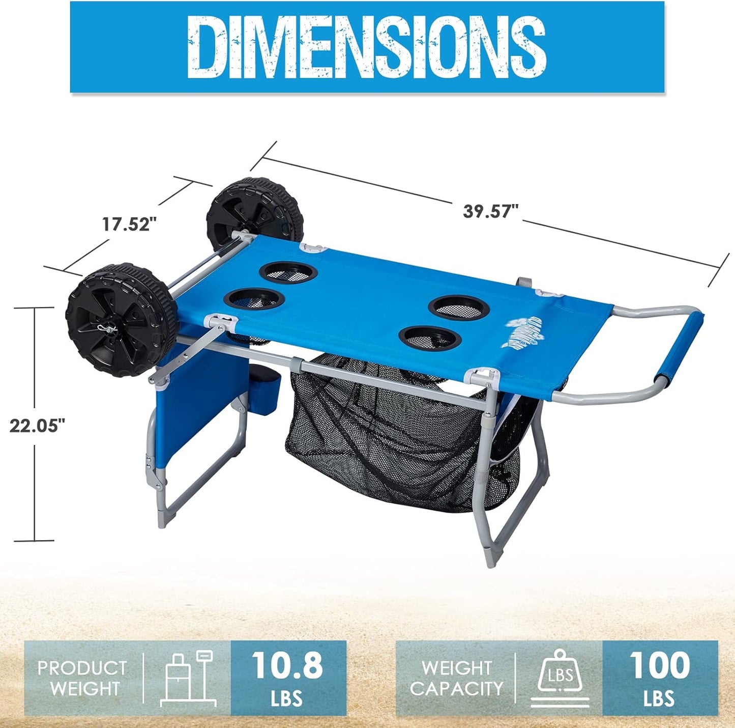 2-in-1 Beach Cart with Big Wheels for Sand, Folding Utility Wagon with Chair Holder, Cooler Bag, Mesh Storage, 4 Cup Holders, Umbrella Rack, Supports 100 lbs, Ideal for Beach Camping Shopping