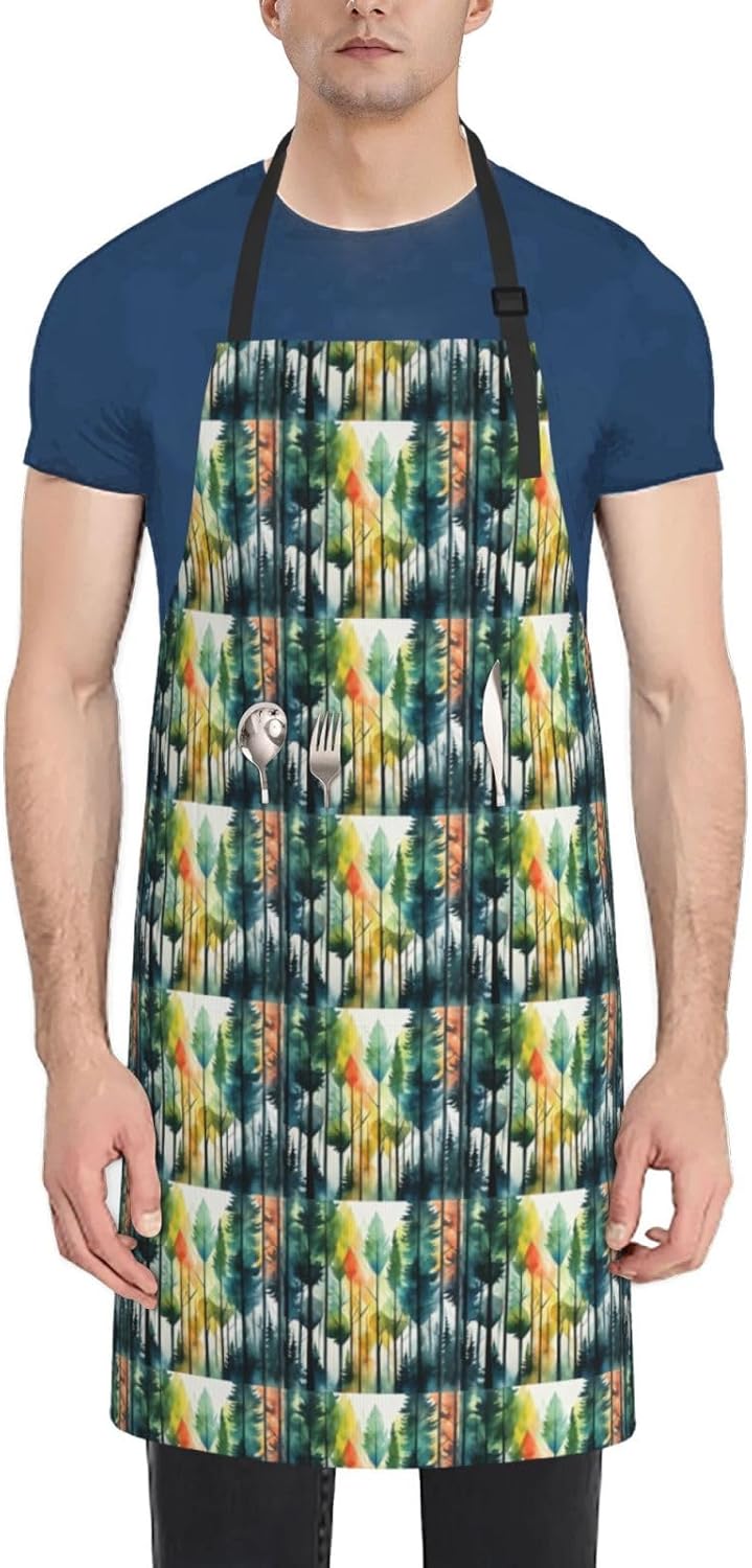 YANYU Tree Art Print 28x33 In Kitchen Apron Stylish Chef Apron with Pockets for Cooking Baking Painting
