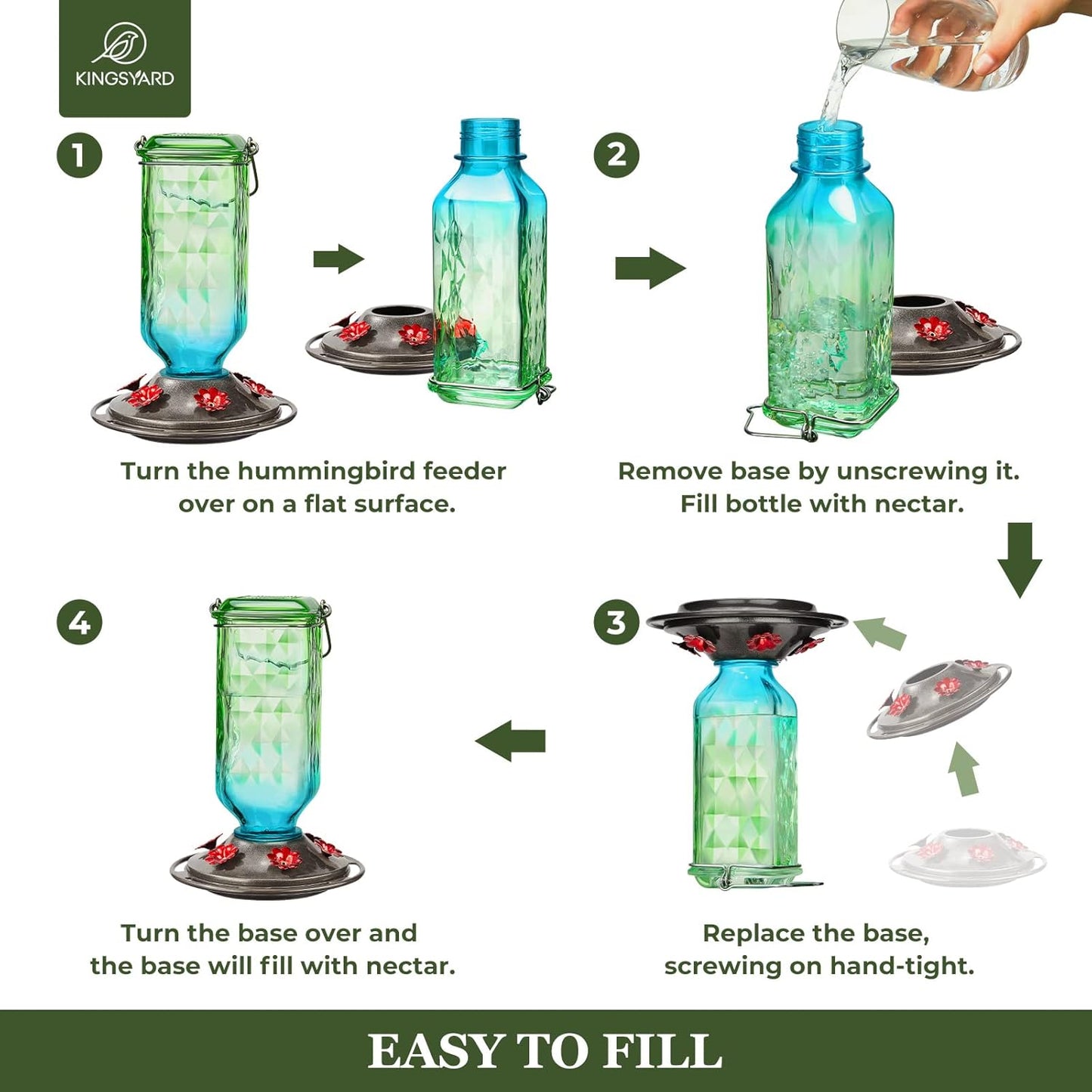 Kingsyard Glass Hummingbird Feeder for Outdoor Hanging, 24 Ounces, 6 Feeding Ports, Bird Nectar Feeder for Garden Décor, Ant Moat Included, Green & Blue