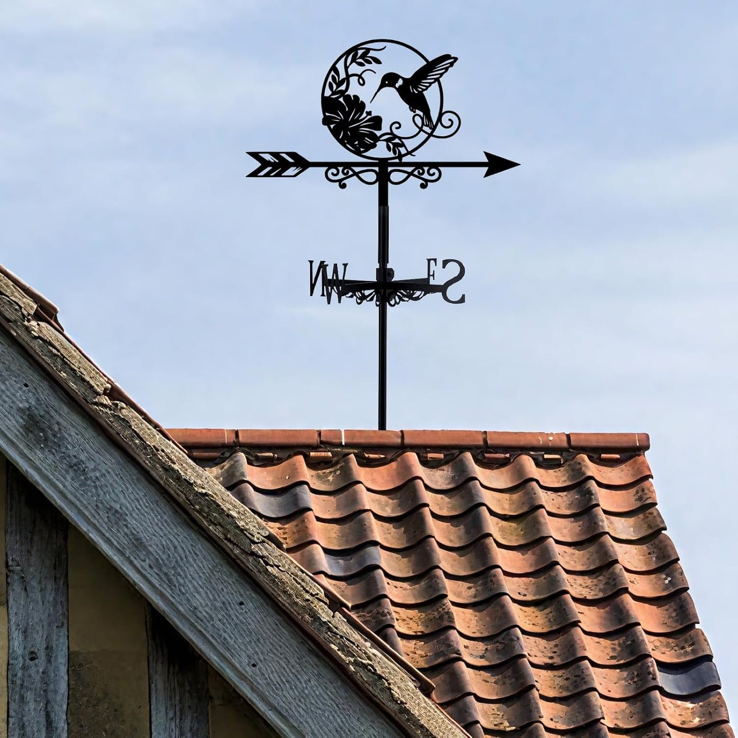 Hummingbird Weather Vane Outdoor Garden Wind Vane Black Bird Flower Pattern Iron Decorative Weathercock Wind Direction Indicator Tool for Farmhouse Sheds Yard Home Decoration 10.4 x 14 Inch
