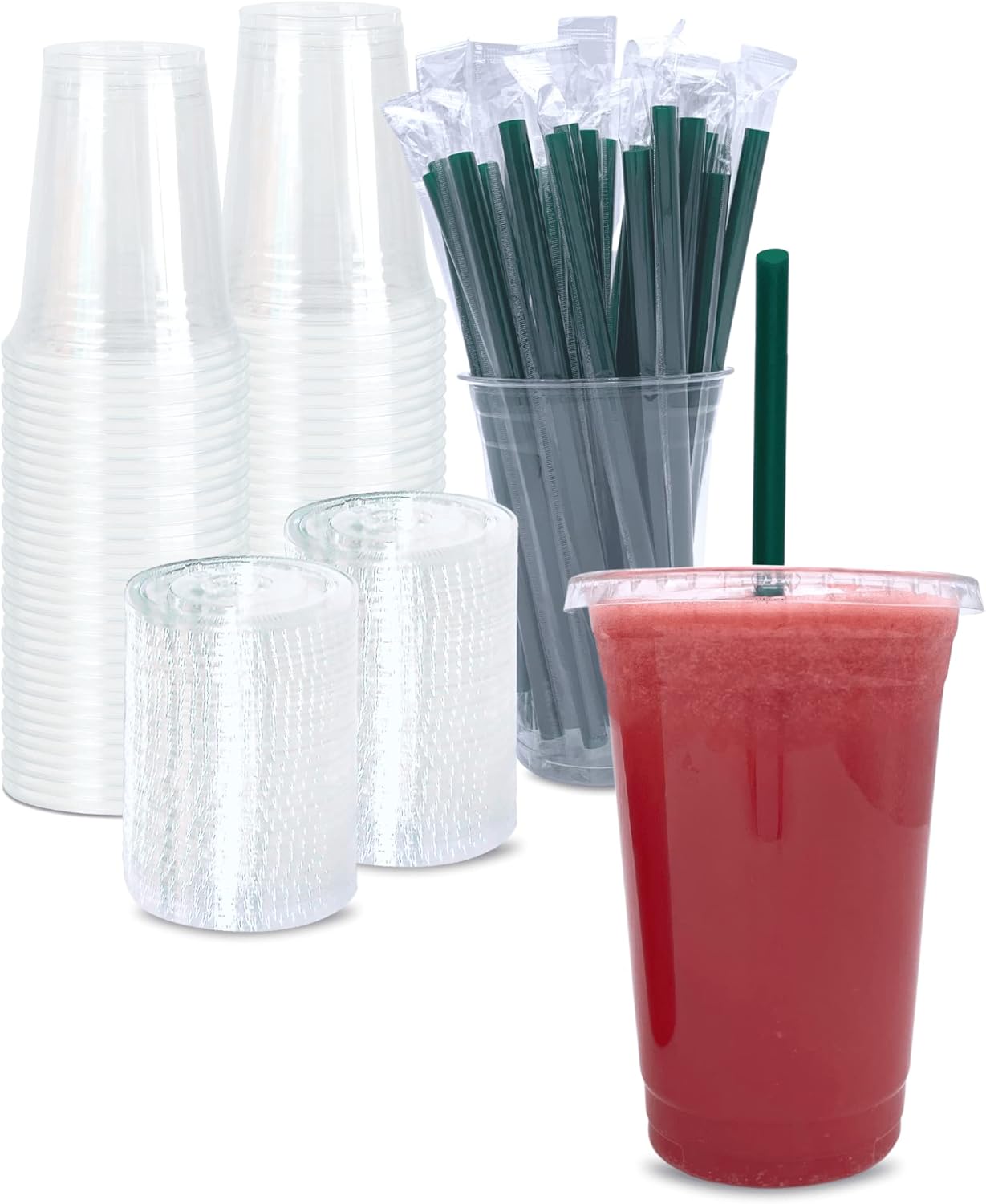 20 oz Clear Plastic Cups with Lids and STRAWS, Disposable Drinking Cup