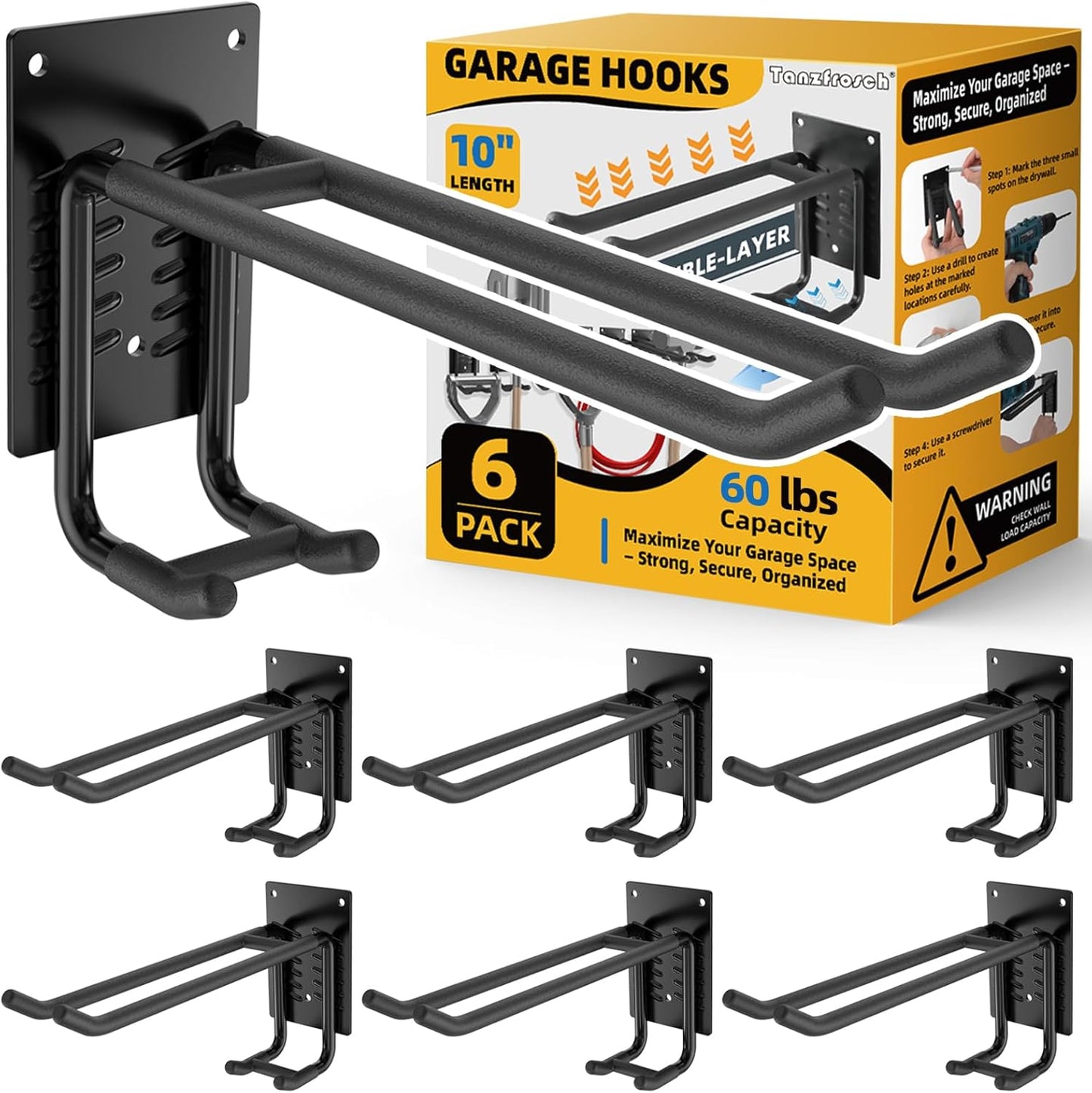 6 Pack Garage Hooks 10 INCH Heavy Duty Two-Tier Steel Shed Wall Mount Workshop Garage Storage Tool Organizer Hooks for Hanging Garden Tool, Hose, Ladder, Chairs, Bikes with Anti-Slip Coating