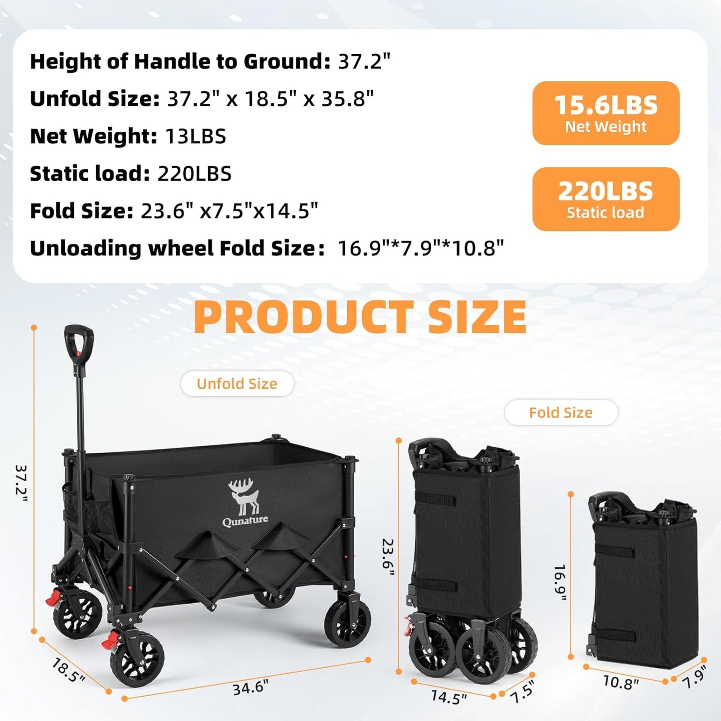 Collapsible Wagon Carts Foldable with Wheels 220LBS Capacity, 120L Folding Wagons Carts, Heavy Duty Utility Wagon Grocery Cart on Wheels for Garden Party Beach Shopping Picnic Garage