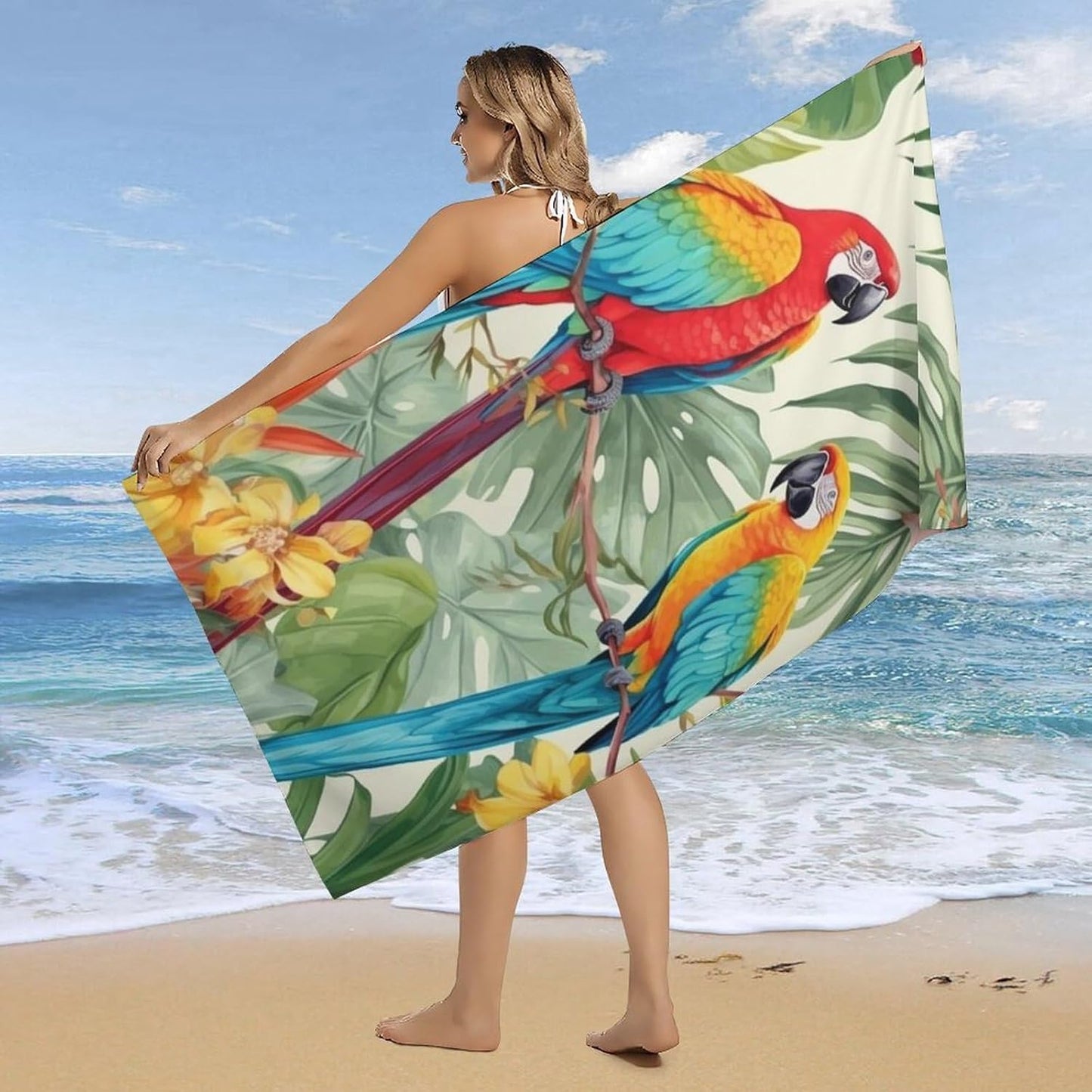 Oversized Beach Towel 63x32 Inch Sand Resistant Thin Microfiber Tropical Plants And Parrots Bath Towels for Body Absorbent Quick Dry Lightweight Travel Towel for Pool Yoga Swim Camping Adults Gift