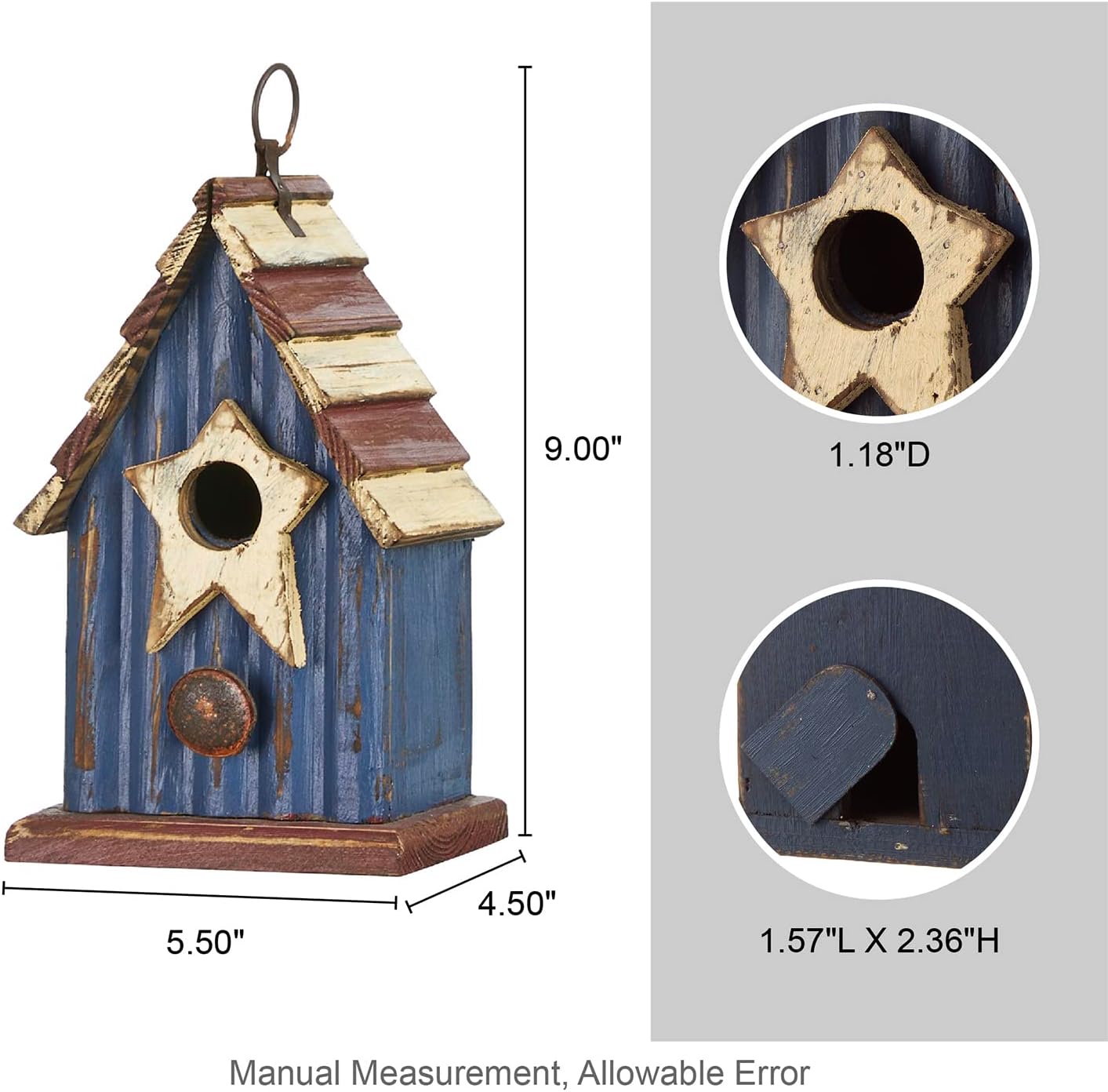 Glitzhome 9" H Patriotic Wooden Bird House, Hanging Birdhouses for Outdoors, Distressed Solid Wood Cottage Design with 3D Star, Garden Birdhouse for Bluebird Hummingbird Wren Finch Cardinals Cedar