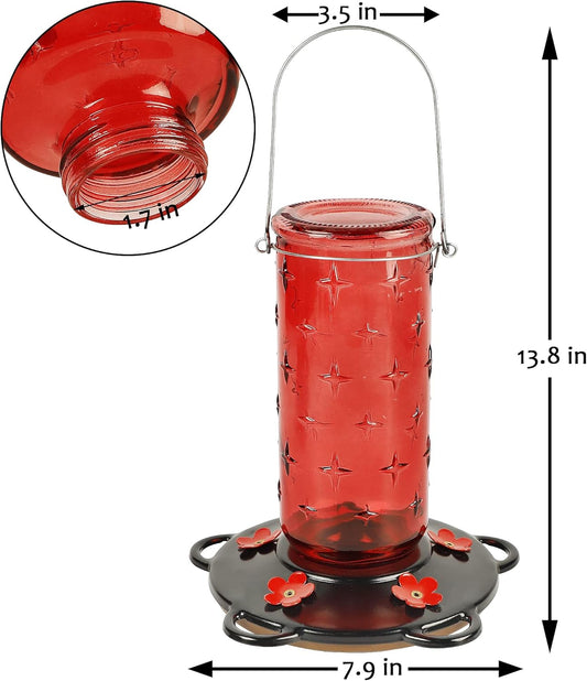 FORUP 32 Ounces Glass Hummingbird Feeders for Outdoors, Hanging Wild Bird Feeder for Outdoor Garden Tree Yard Outside Decoration, Red