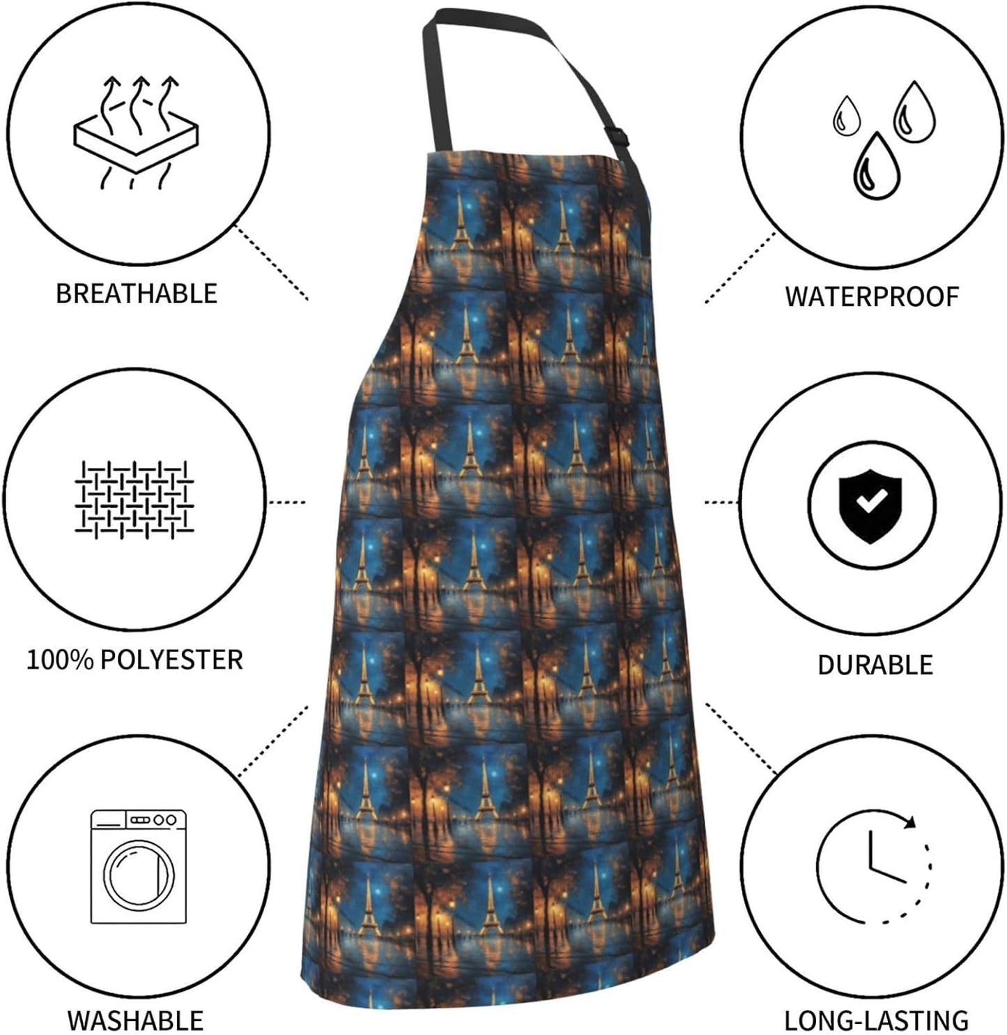 YANYU Night Paris Eiffel Tower Print 28x33 In Kitchen Apron Stylish Chef Apron with Pockets for Cooking Baking Painting