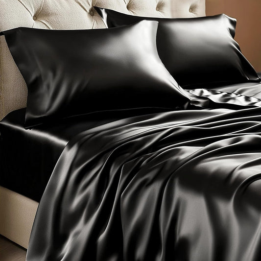 BEDELITE Satin Sheets Queen Size Bed Set, Luxury Soft Black Silky Shee