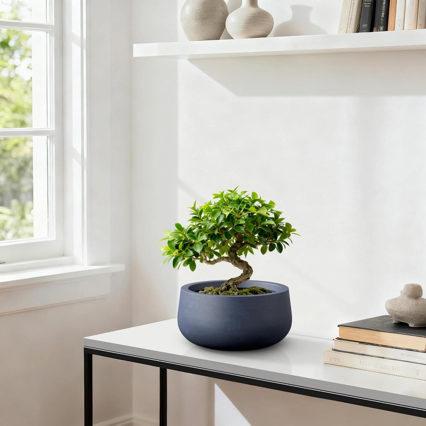 Kante 15.7" Dia Round Concrete Planter, Outdoor Indoor Garden Plant Pots with Drainage Hole and Rubber Plug, Modern Curvaceous Design, Charcoal