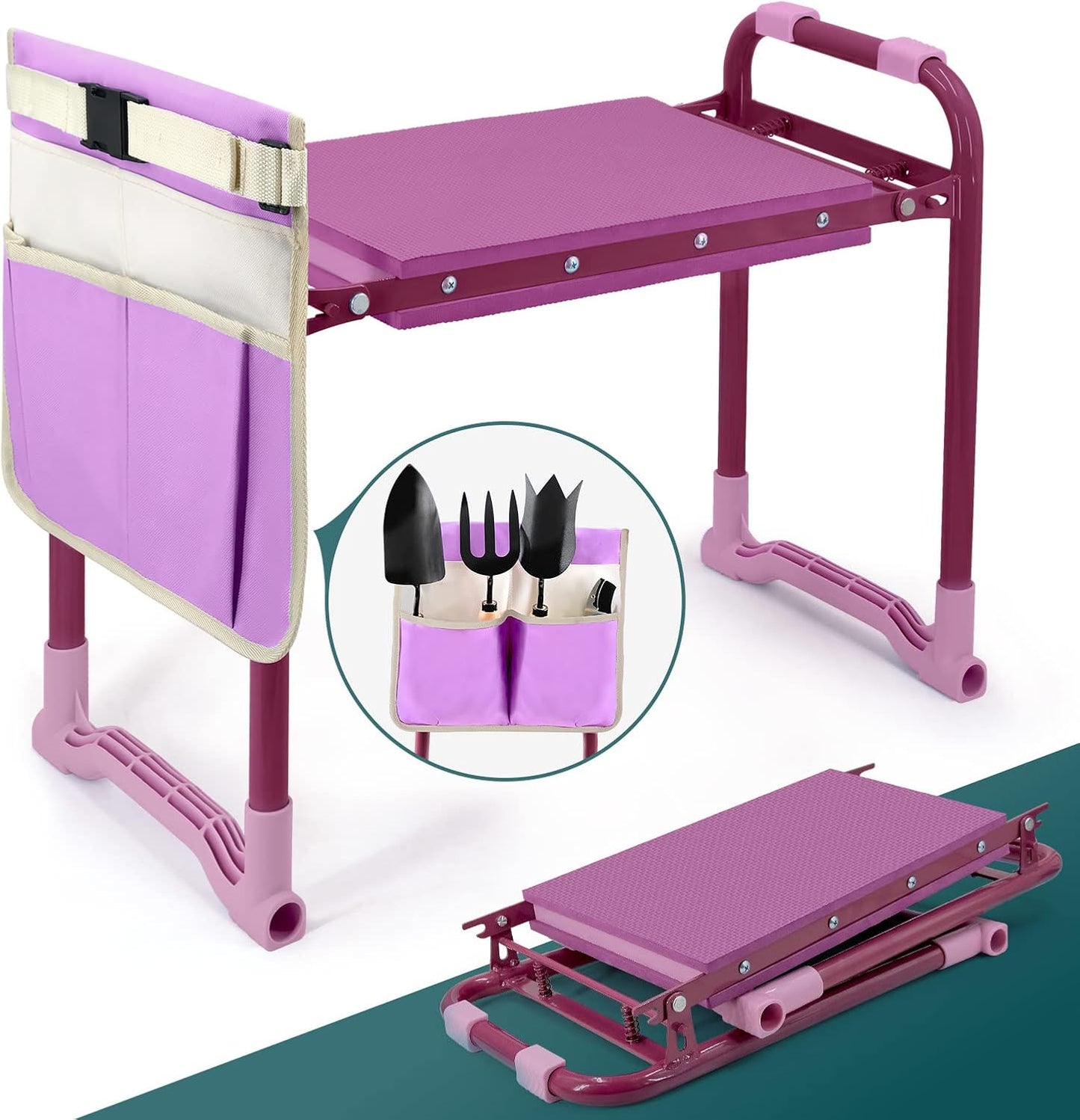 Foldable Garden Kneeler and Seat – 2-in-1 Gardening Stool with a Tool Storage Pouch, Lightweight and Portable for Elderly, Outdoor, Lawn Care