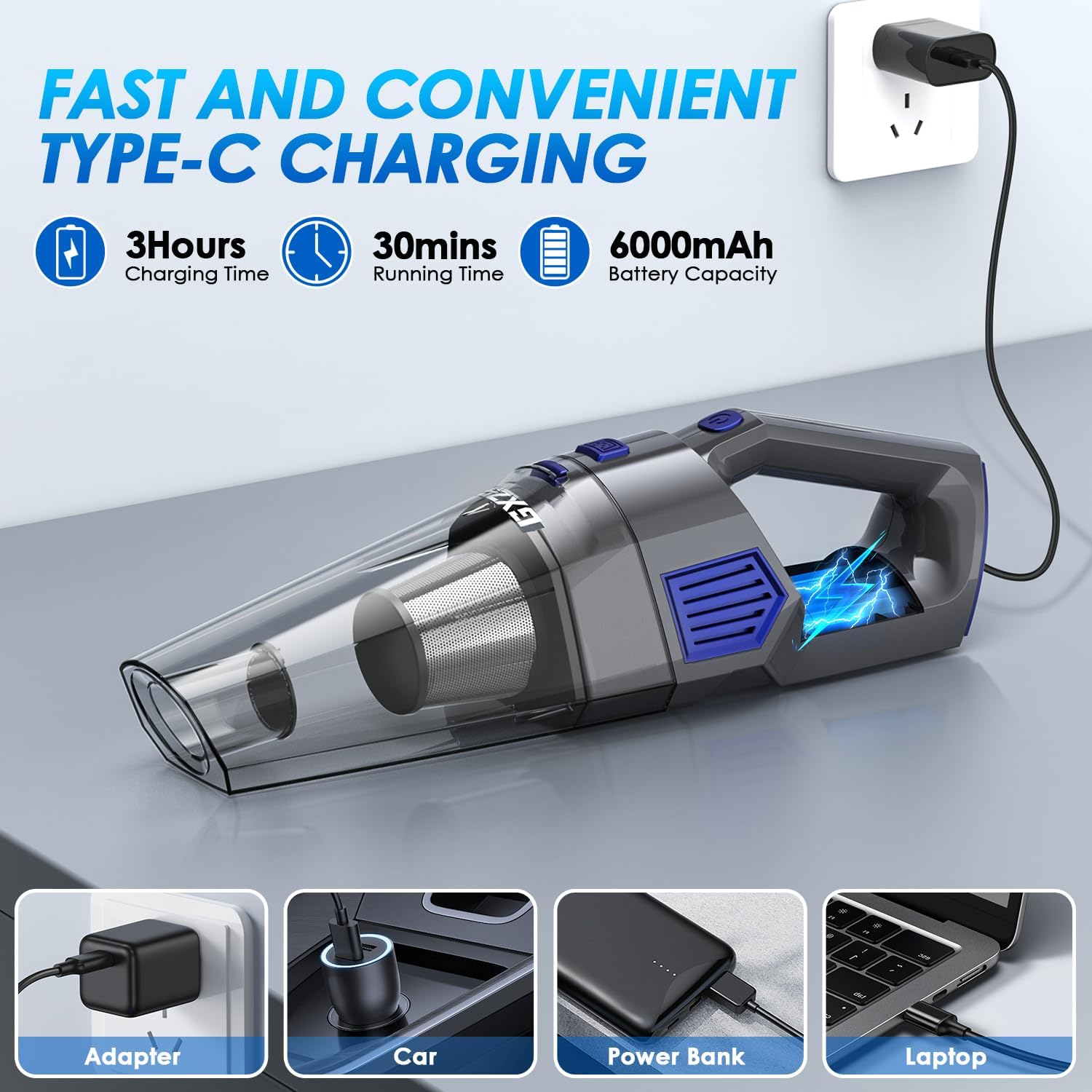 Handheld Vacuum Cordless, 15000PA Strong Suction Hand Held Car Vacuum 