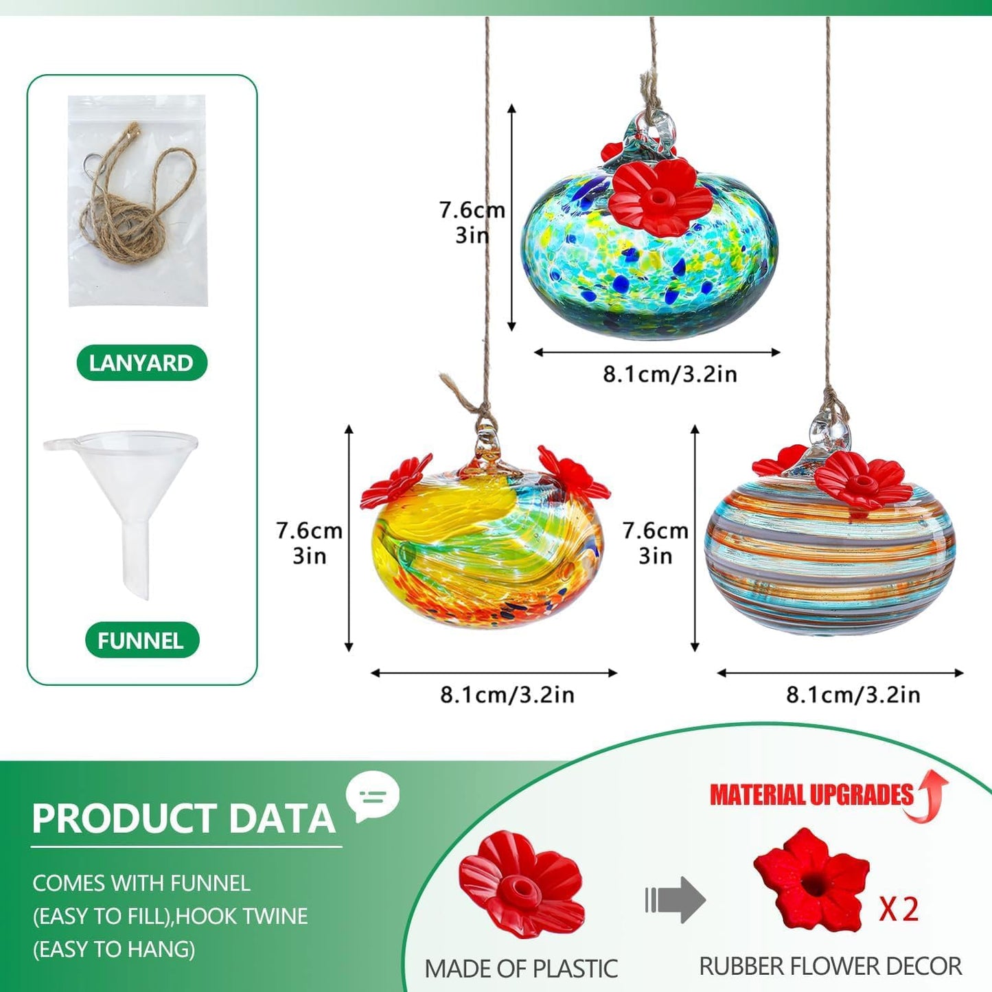 QFkris 3 Pack Blown Glass Hummingbird Feeder for Outdoors Hanging, 3.2" Small Hummingbird Feeder with Flower Feeding Ports, Bird Feeder for Outside Garden Backyard Decor, Gifts for Women