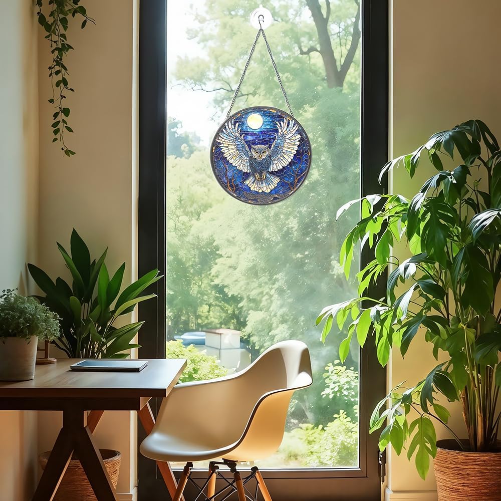 Owl Suncatcher - Moonlit Stained Glass Window Hanging Decor for Nature Lovers, Whimsical Night Bird Gift for Owl Enthusiasts,Sun Catchers Indoor Window, Outdoor Celestial Home Decoration (7.87 Inch)