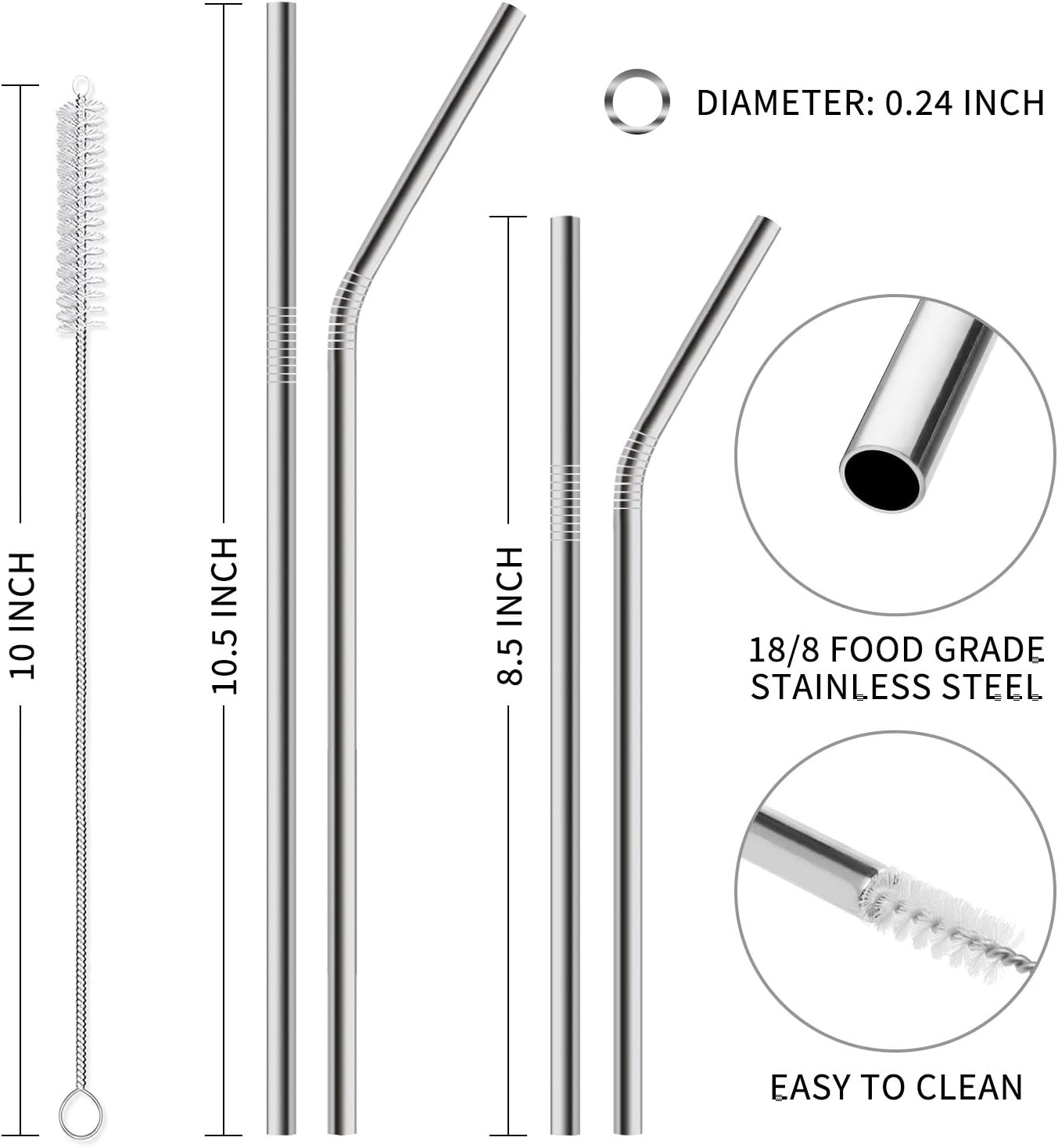 Hiware 12-Pack Reusable Stainless Steel Metal Straws with Case - Long 