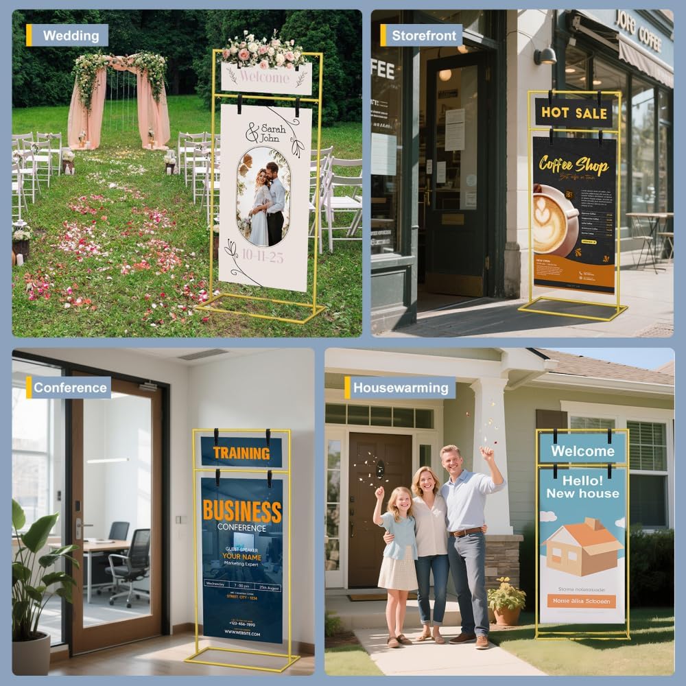 Gold Wedding Welcome Sign Stand 79"x32"x16" - Heavy Duty Metal Easel Display Holder with 2 Pairs of Leather Straps & Satin Ribbon for Wedding, Bridal Shower, Birthday Party, Baby Shower or Any Event
