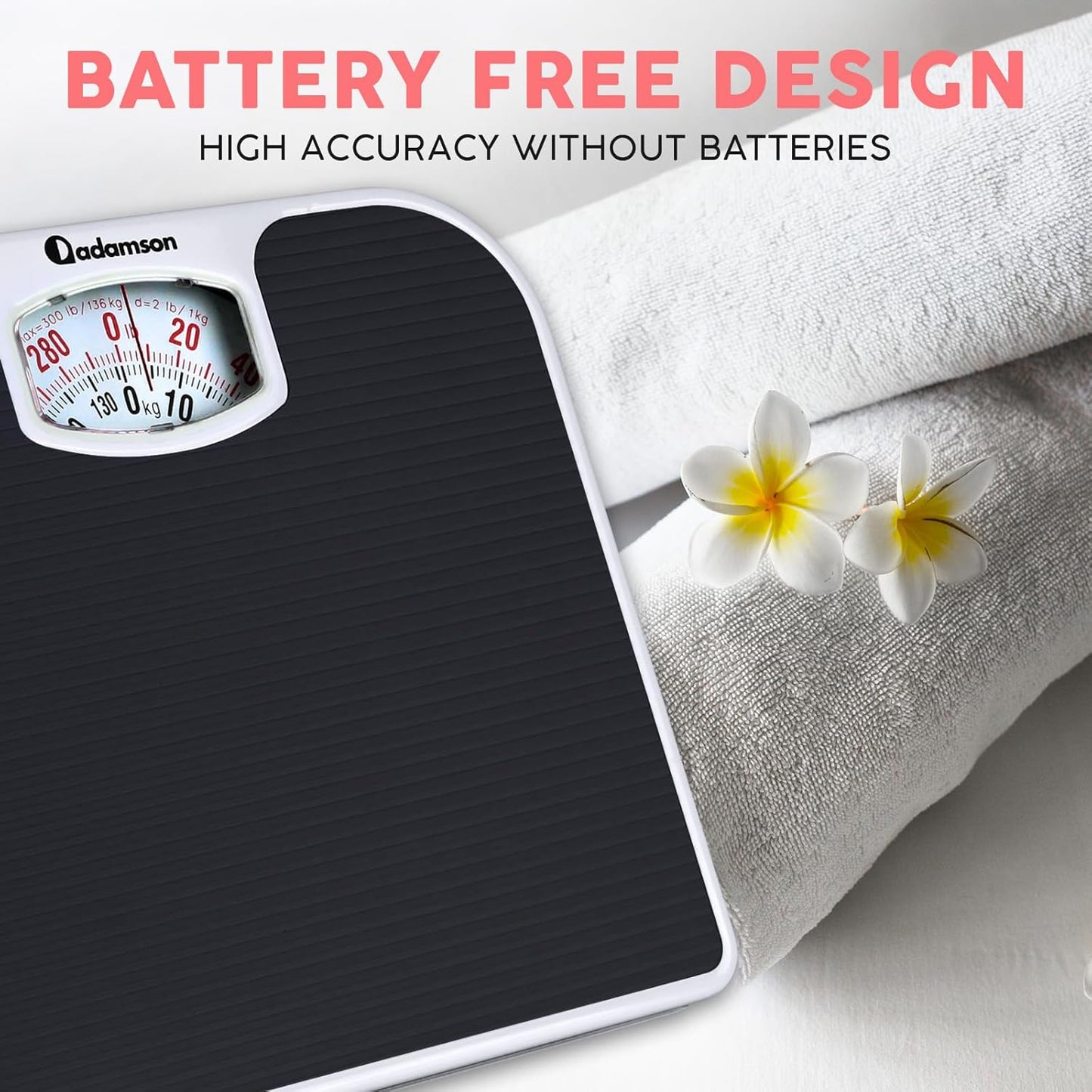 Adamson A21 Analog Scales for Body Weight - Up to 300 LB - New - Anti-Skid Rubber Surface + Large Numbers - Analog Bathroom Scale - Affordable - Durable with 20-Year Assurance - Black