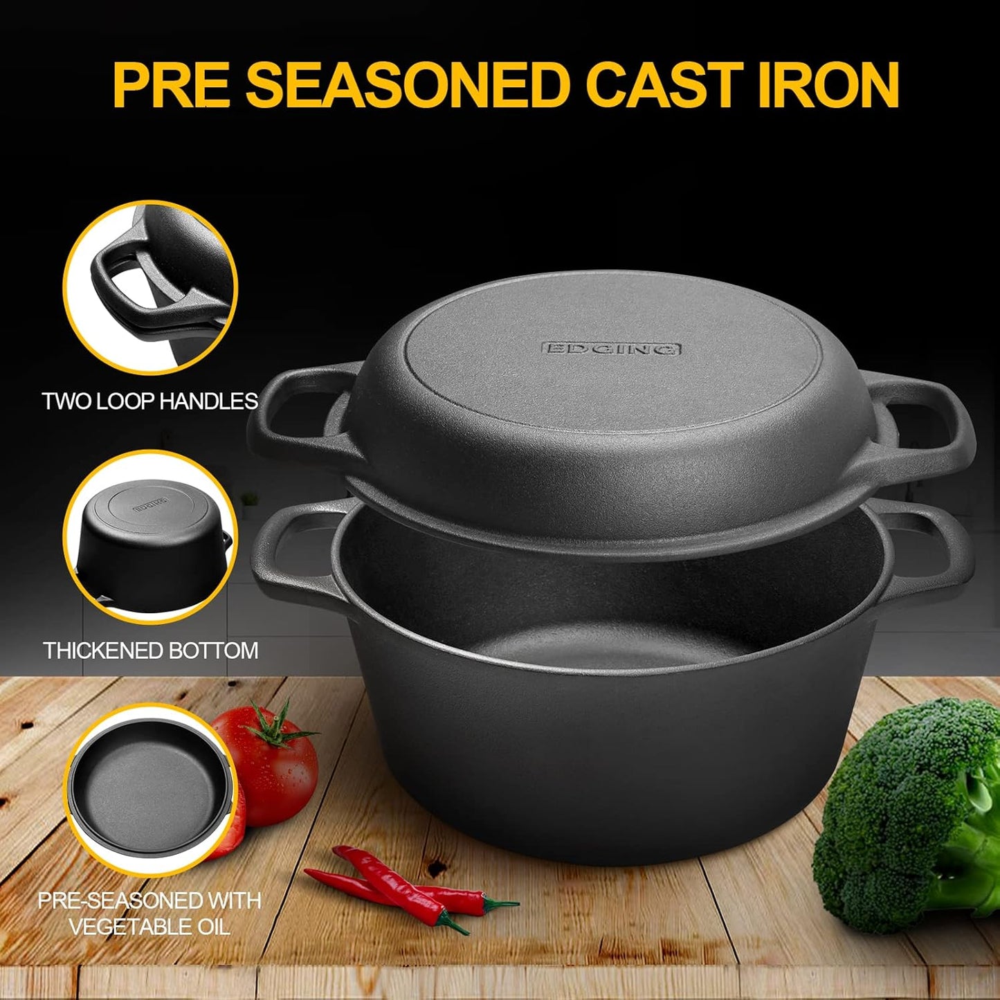2-in-1 Pre-Seasoned Cast Iron Dutch Oven Pot with Skillet Lid Cooking 