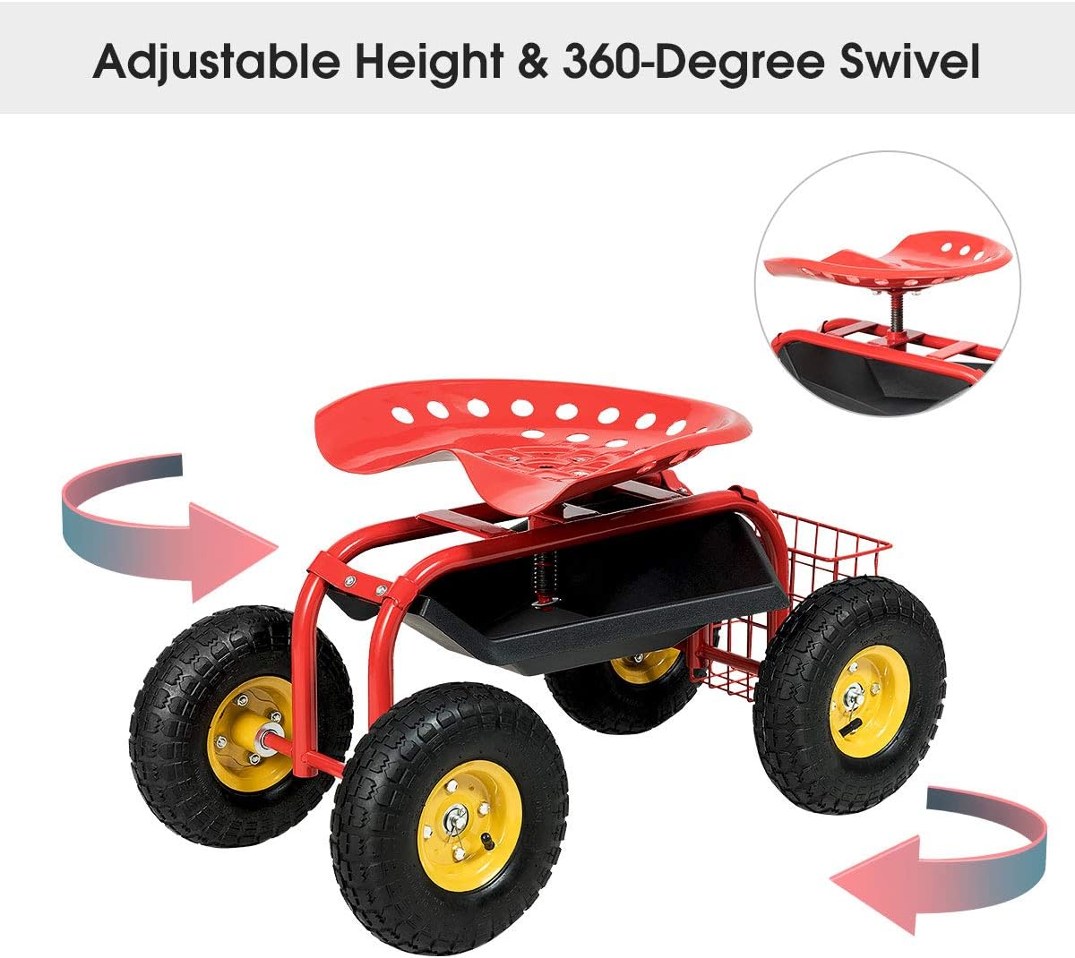 Squareful 4 Wheels Garden Cart, Patio Rolling Workseat w/Tool Tray, & Storage Basket, Outdoor Wagon Scooter for Planting, Rubber Tires & Adjustable Height for Lawn, Garden, Patio, Backyard (Red)