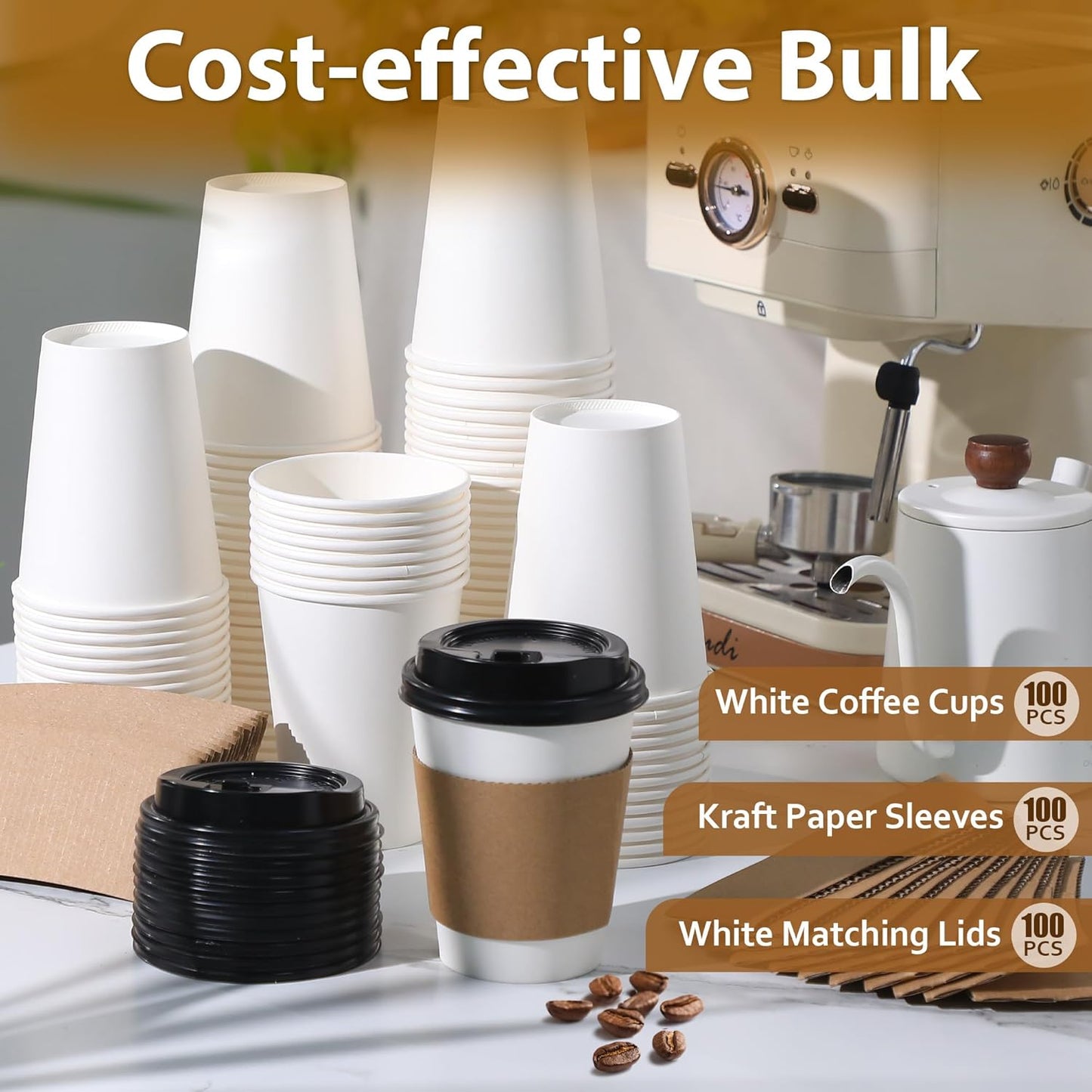 100 Pack 12 oz Disposable Coffee Cups with Lids and Insulated Sleeves, Leak-free Paper and Sturdy Thick Paper Hot to Go Coffee Cups with Lids for Cold/Hot Beverage (White)