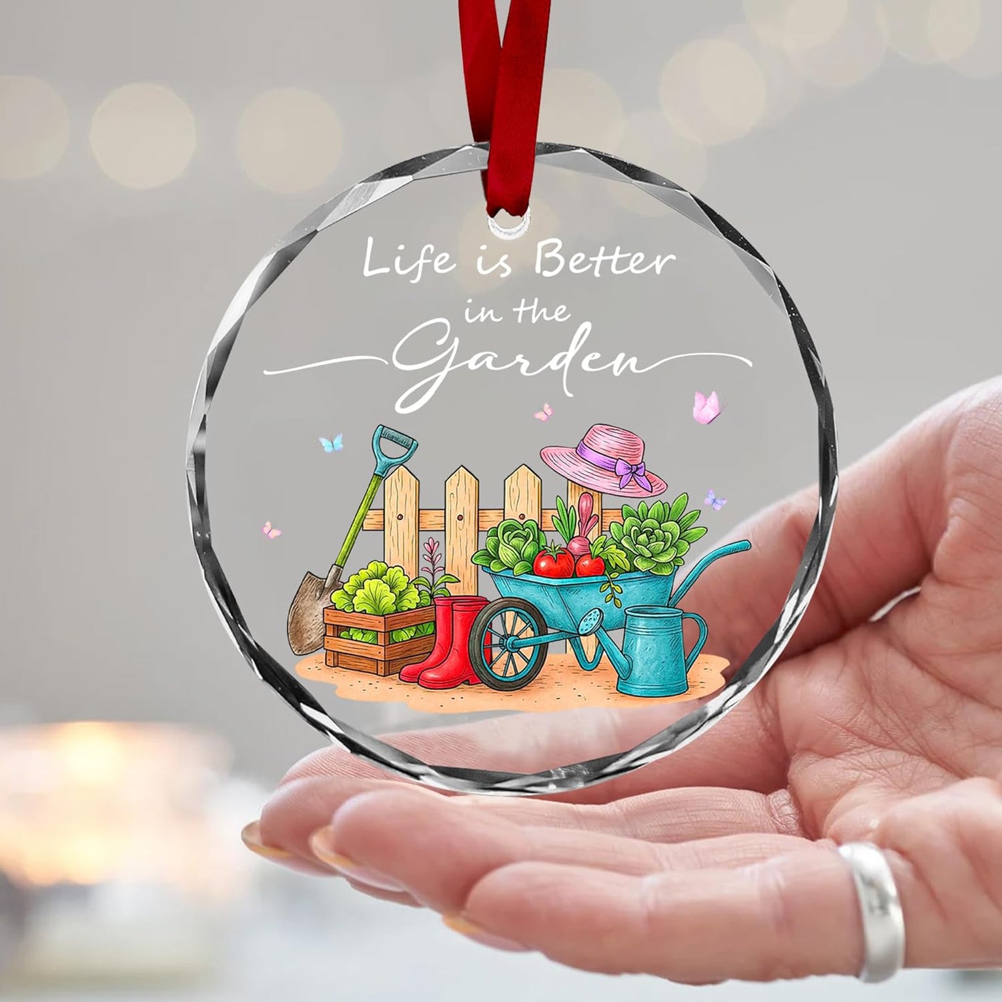 Life is Better in The Garden Ornament – Colorful Gardening Tools & Plants Design for Garden Lovers – Crystal Keepsake for Home or Garden Decor